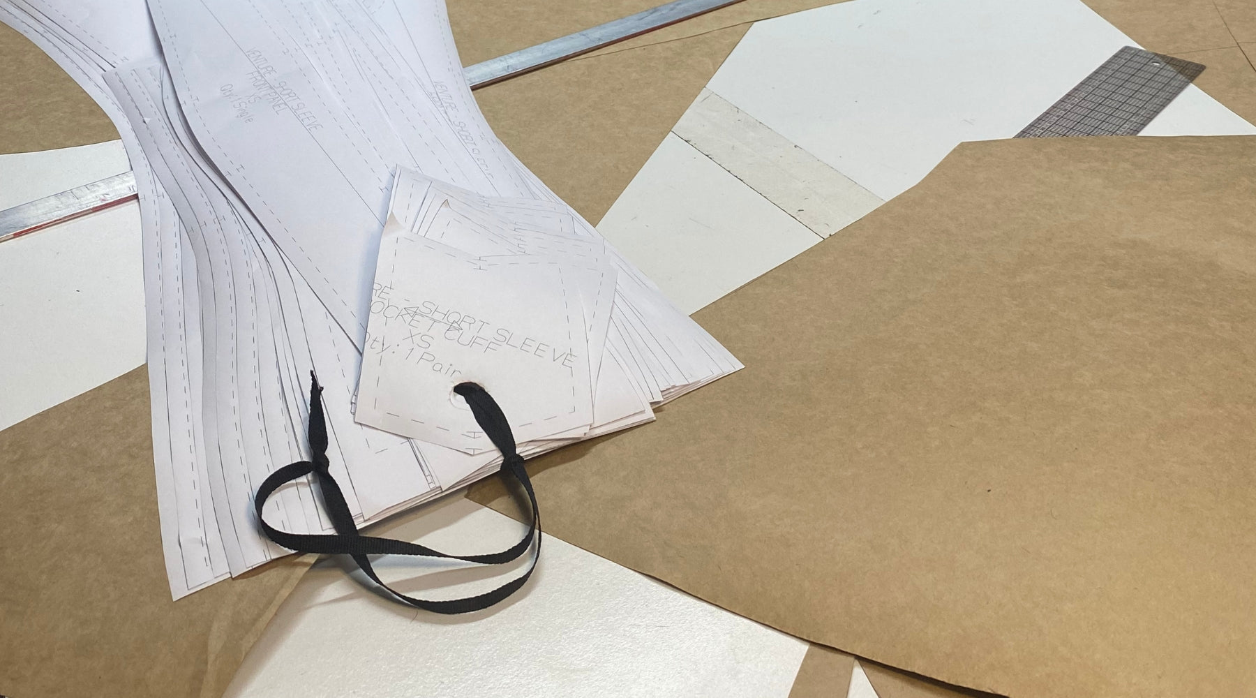 dressmaking patterns laid out on a table