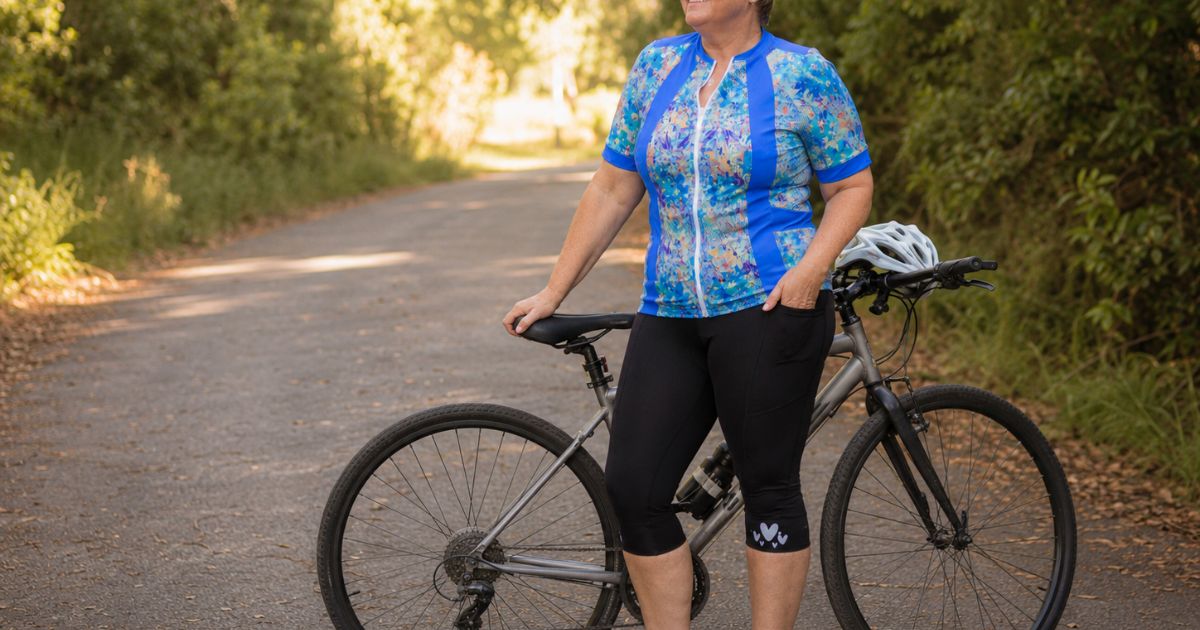 Woman wearing black 3/4 padded cycling pants standing beside her bike on a quiet country road.