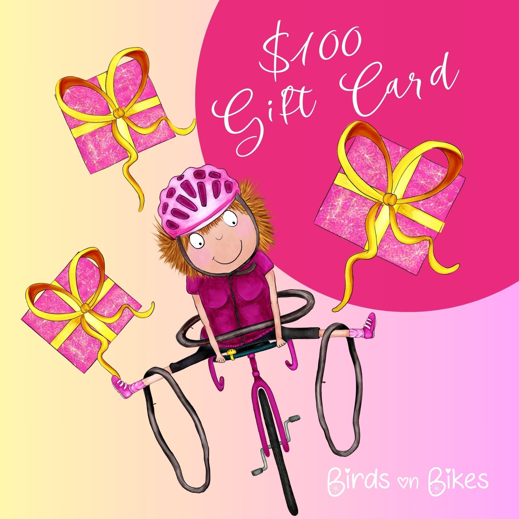 Illustration of a girl on a bike with gift cards and 'Birds on Bikes' branding.
