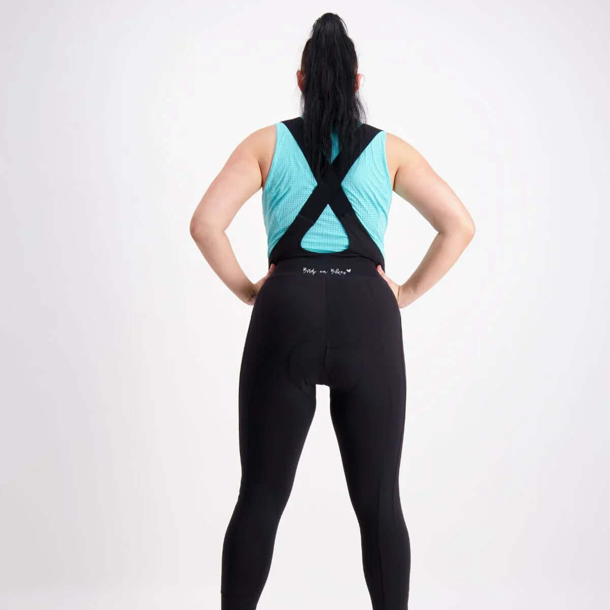 Women's thermal cycling bibs -- Birds on Bikes back view