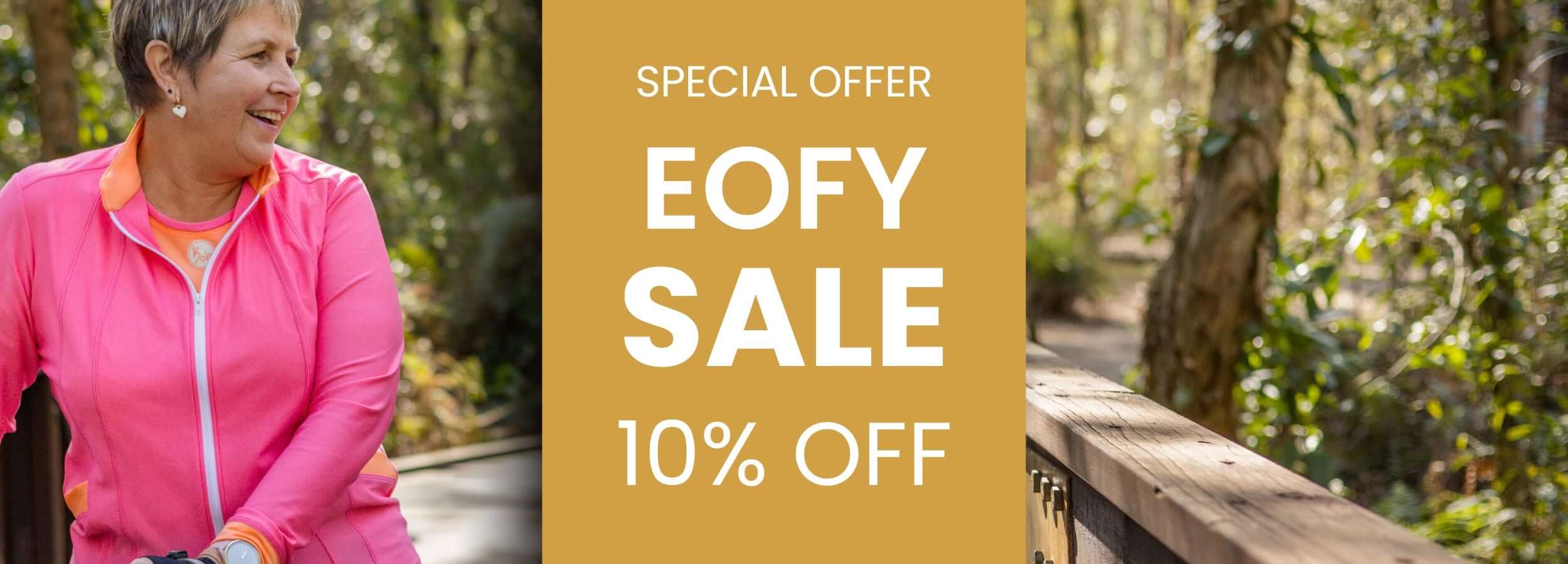 Woman in pink jacket standing outdoors with a 'Special Offer EOFY Sale 10% Off' banner.