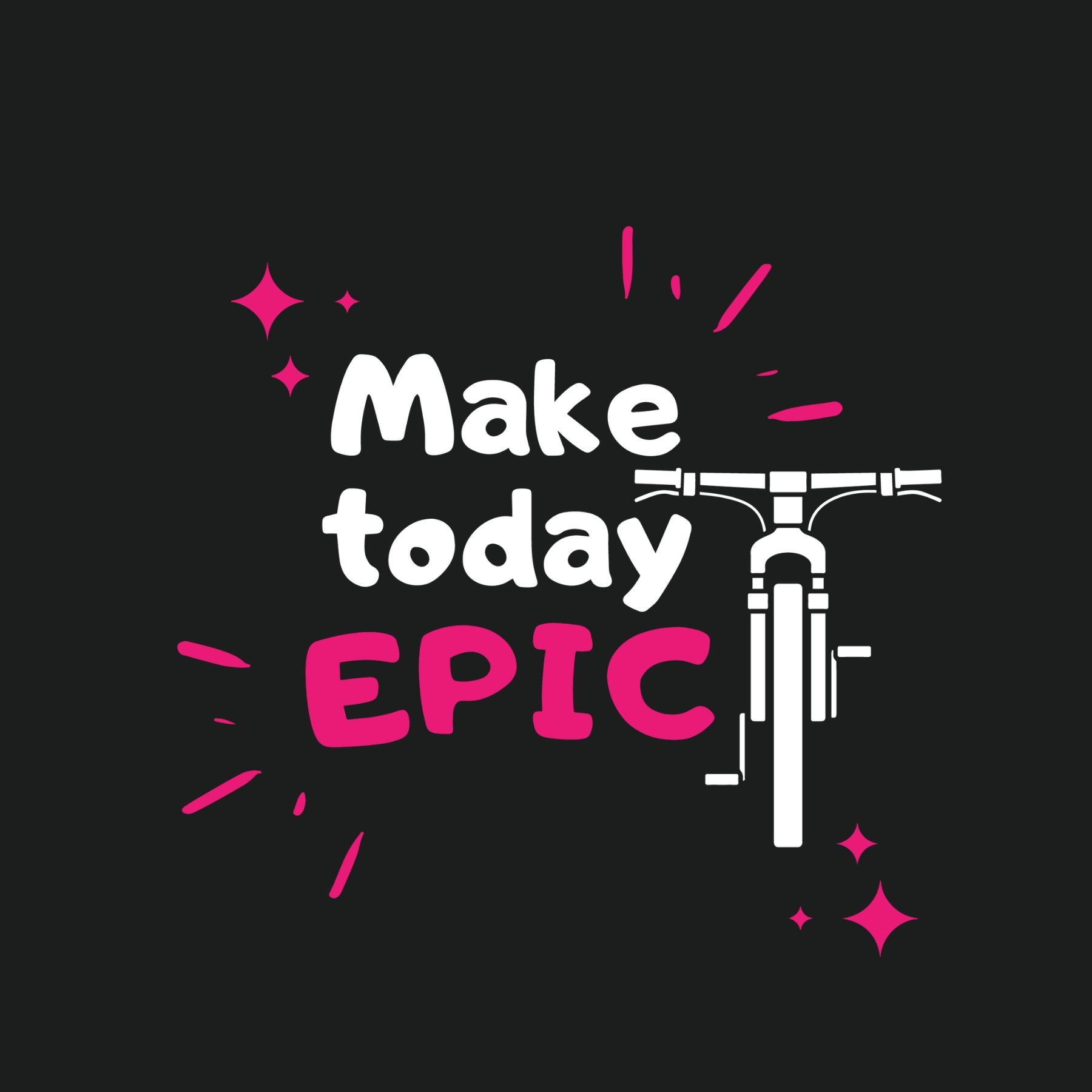 Close-up of pink and white slogan with handlebar graphic on black tee