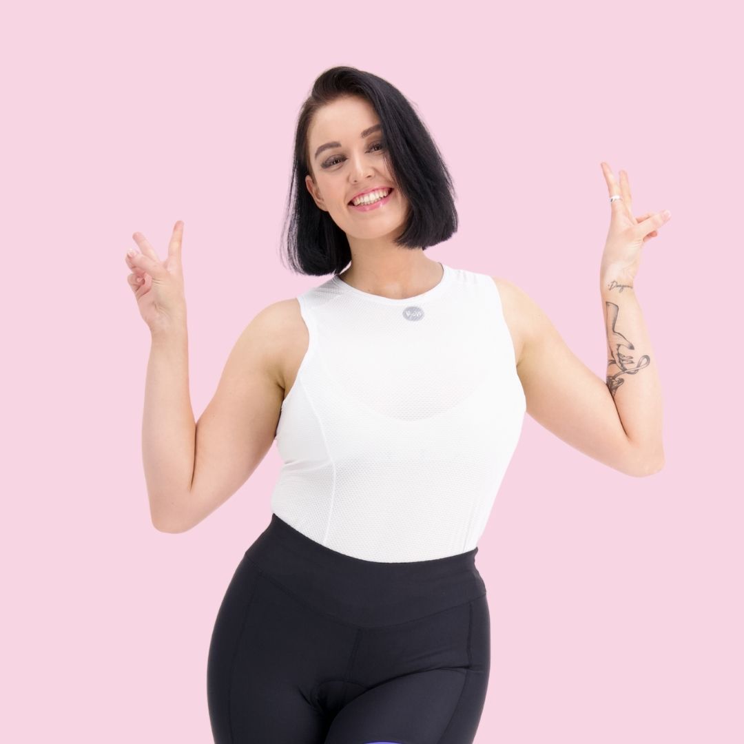 White mesh cycling base layer, front view, sleeveless body‑skimming fit