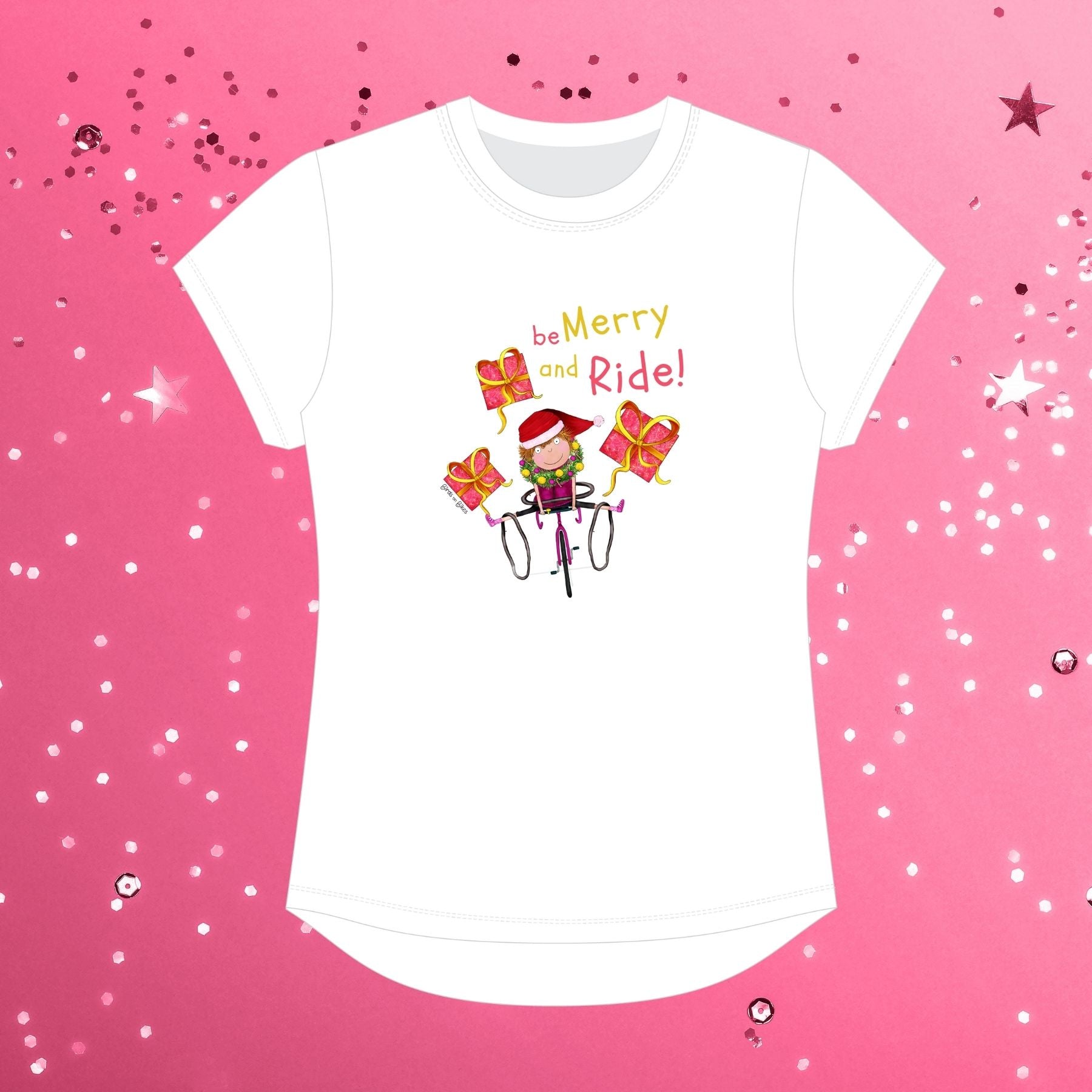 White “Be Merry and Ride” tee, front view with bike and gifts