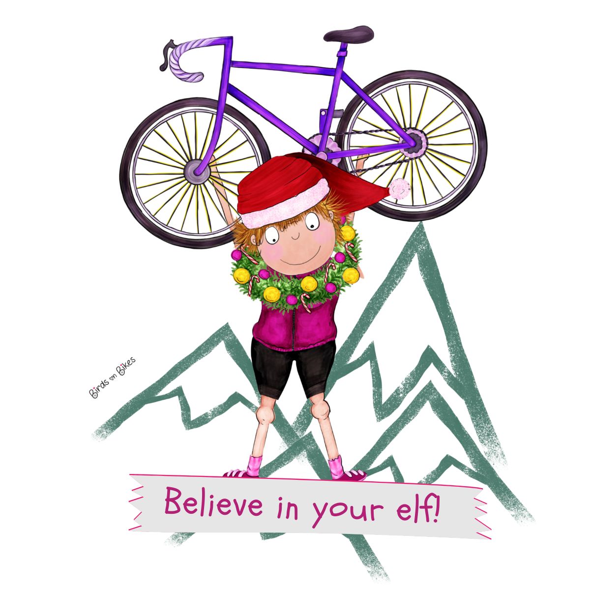 Close-up elf-and-bike festive print on soft cotton