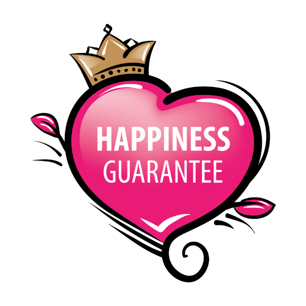 Pink heart with 'Happiness Guarantee' text and a crown on a white background