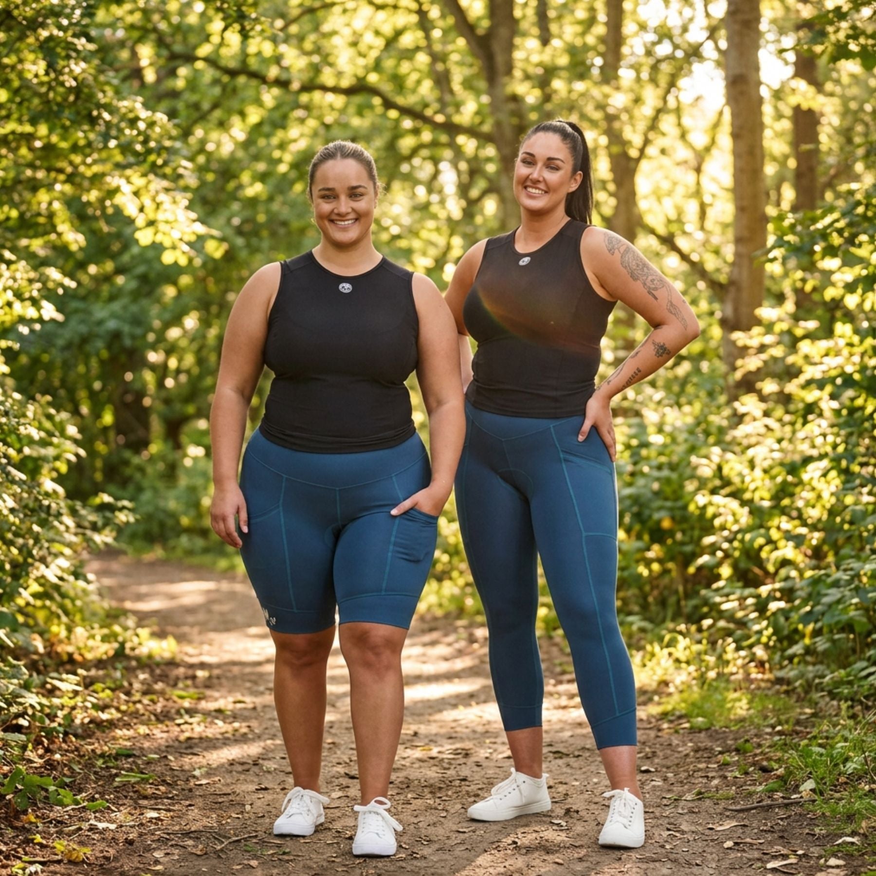 Two women standing on a sunlit forest path wearing matching athletic wear: black sleeveless fitted tops and blue fitted leggings, with white sneakers.