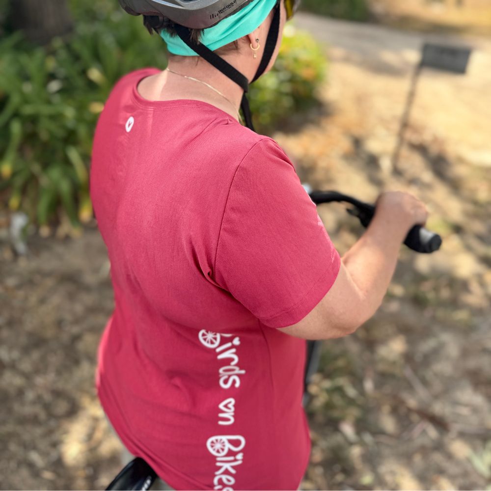 Short sleeve technical tee front view, women’s relaxed fit in Bold Red