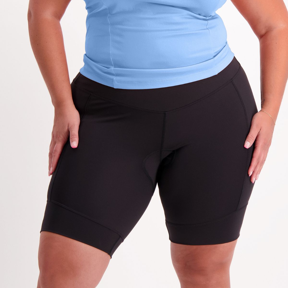 Cruiser padded bike pants, front view with high‑rise waistband