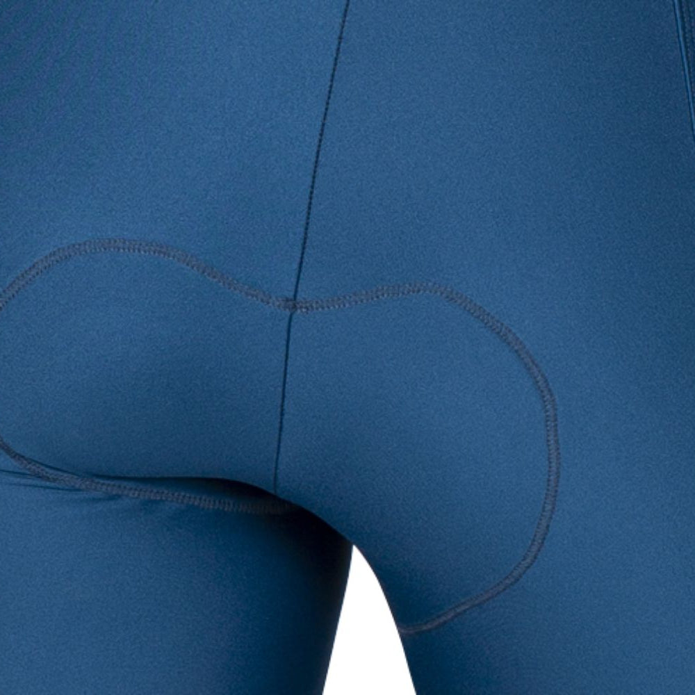 Close-up of a blue padded bikempants with stitching and chamois detail
