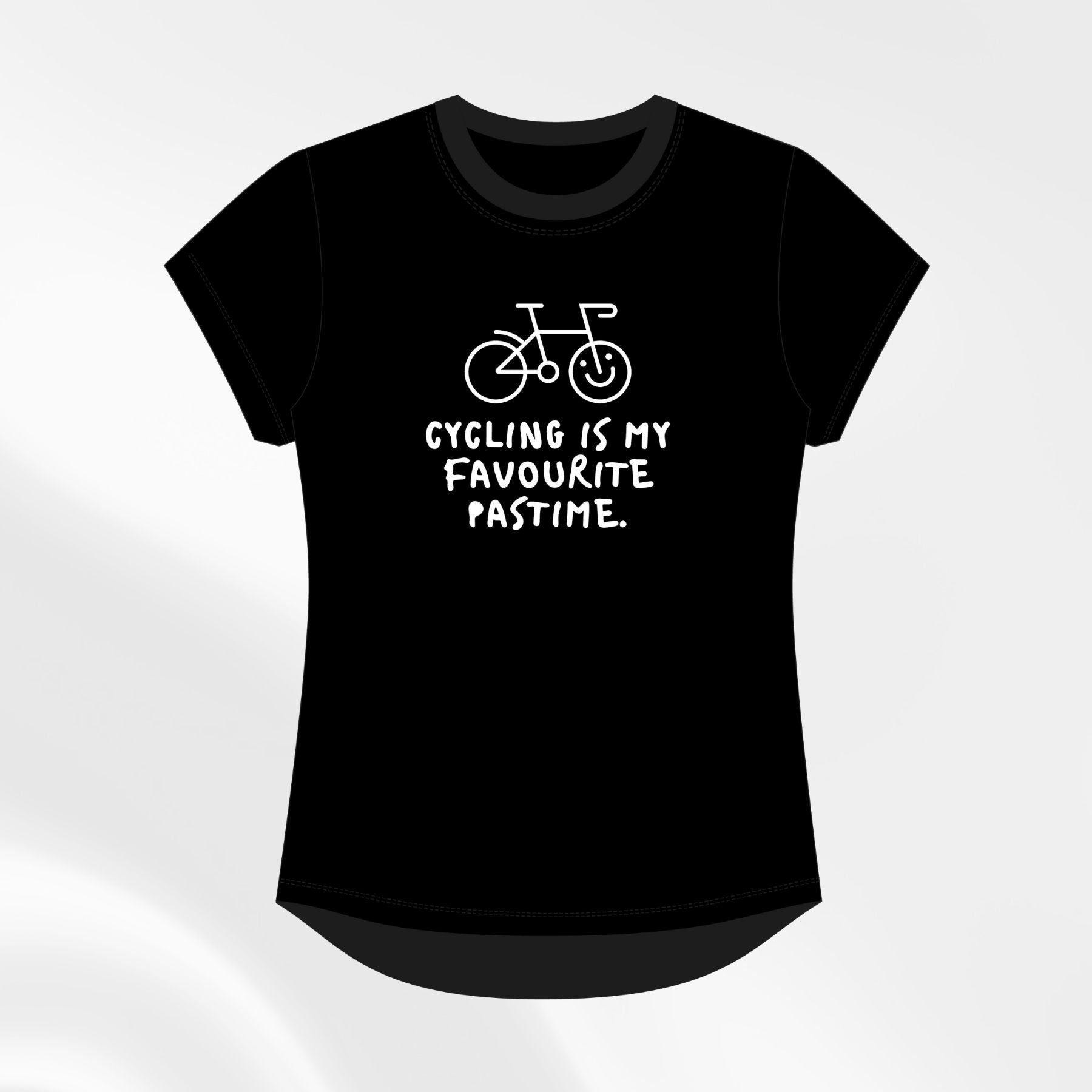 Black “Cycling Is My Favourite Pastime” tee, front view with bike graphic