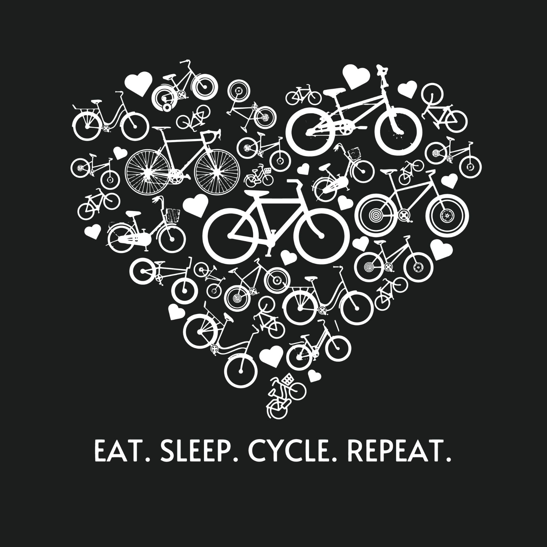 Close-up of white heart-shaped bike graphic and slogan on black tee