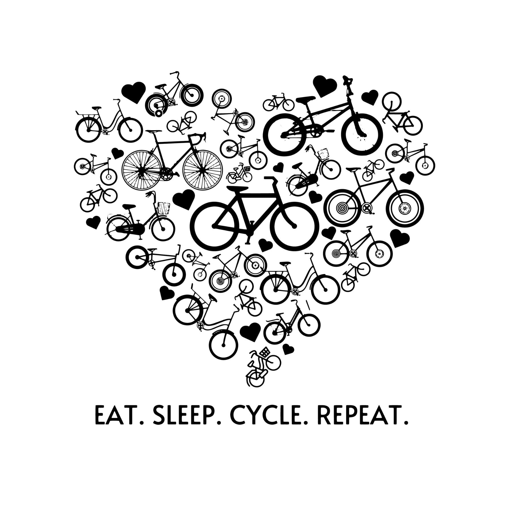 Close-up of black heart-shaped bike graphic and cycling slogan on white tee