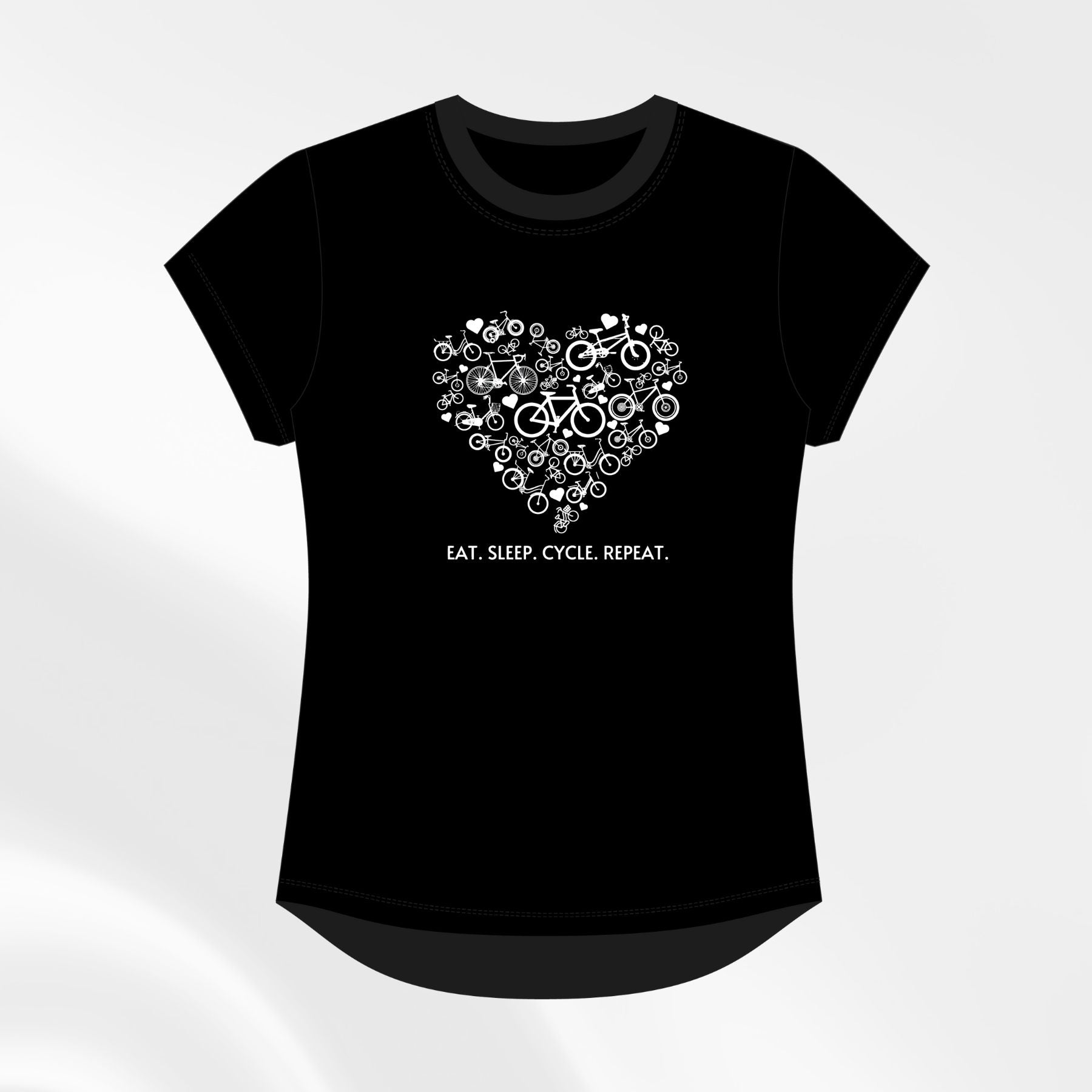 Black Eat Sleep Cycle Repeat tee, front view with white heart‑bike graphic