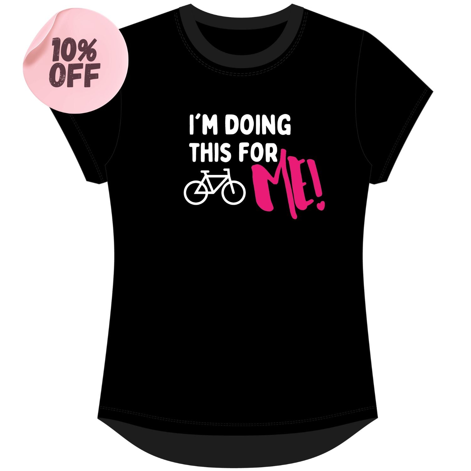 black cycling tshirt with a slogan on the front in pink and white