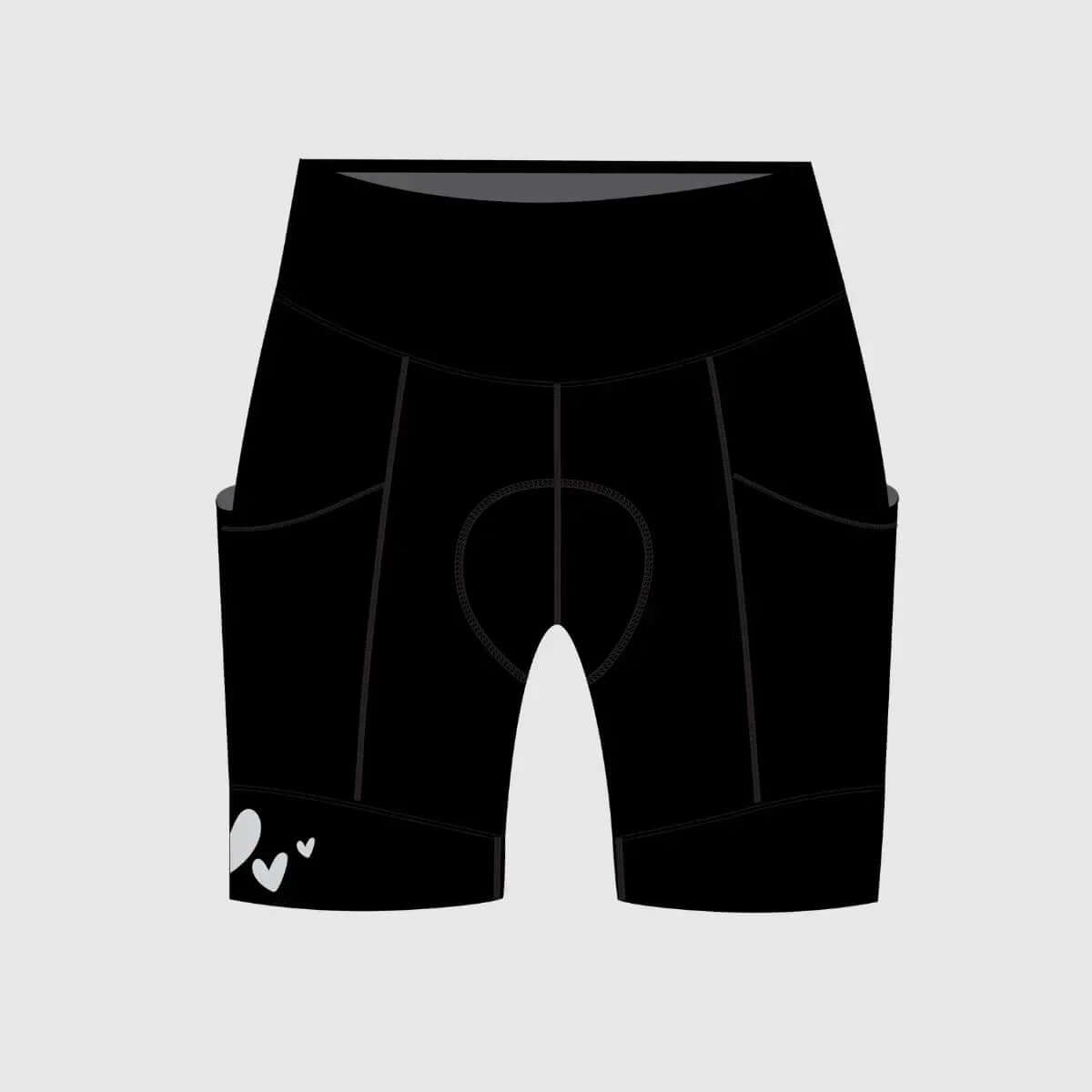 Women's padded pocket bike shorts pebble in black with side pockets and heart design.