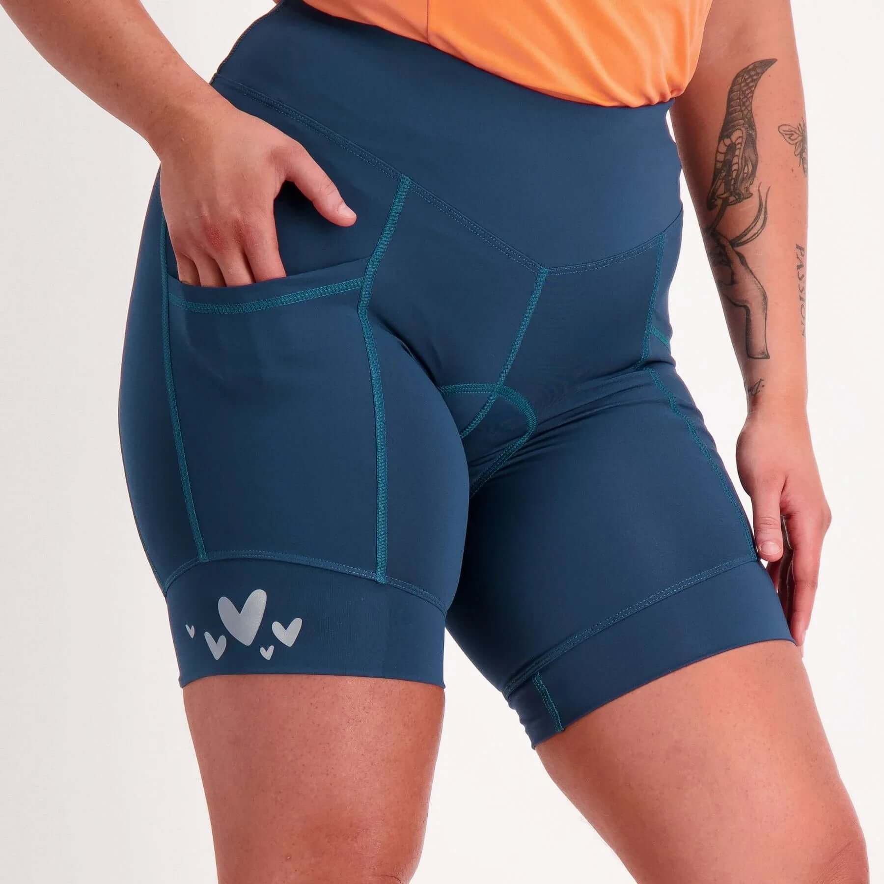 Deep side pocket detail -- Birds on Bikes women's pocket padded bike shorts forest