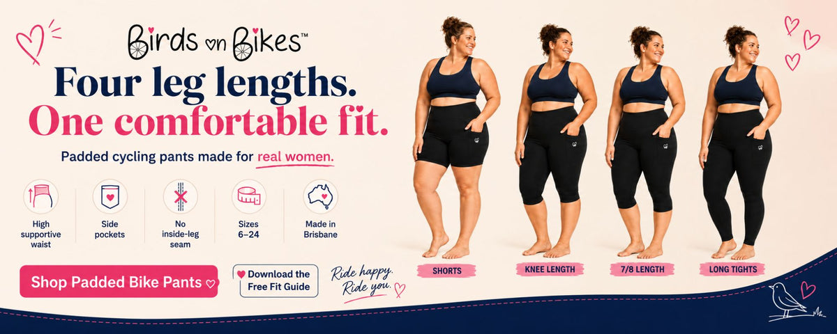 Promotional banner for Birds on Bikes padded cycling pants, showing four models of different body types wearing black cycling pants in various lengths, alongside feature icons and text on a beige background with a dark blue footer.