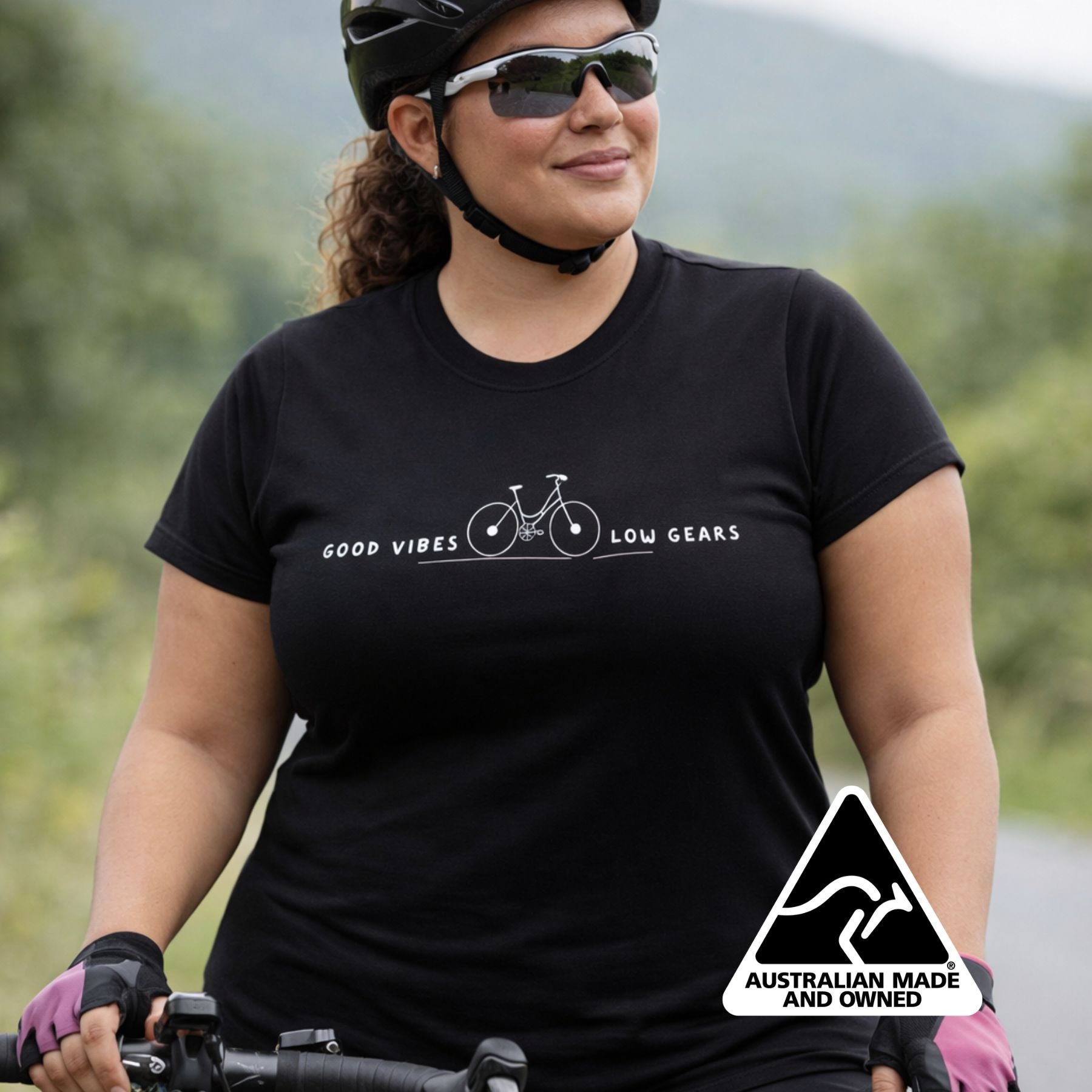 Black cycling graphic tee print close-up, breathable soft fabric