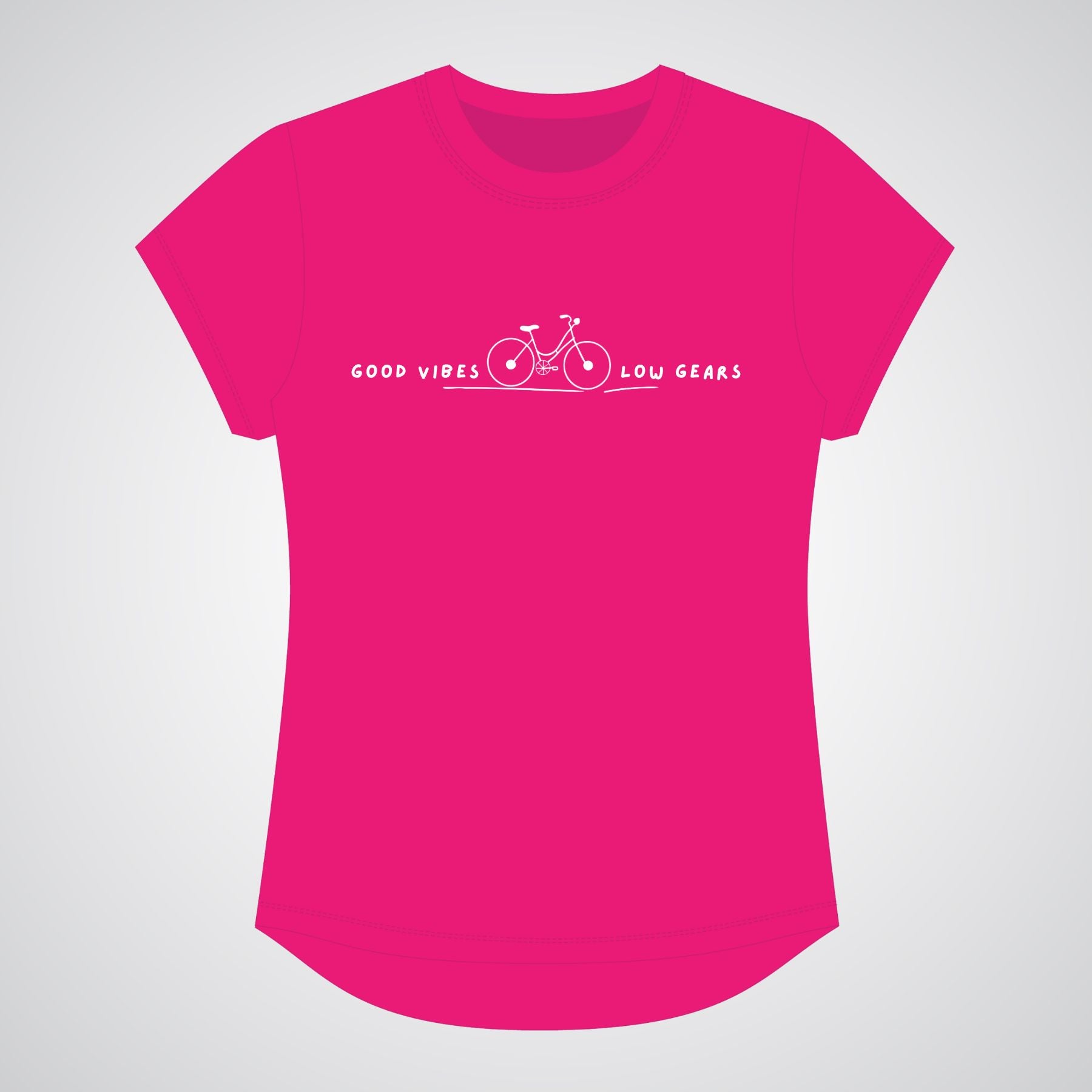 Pink t-shirt with a bicycle graphic and text on a light gray background