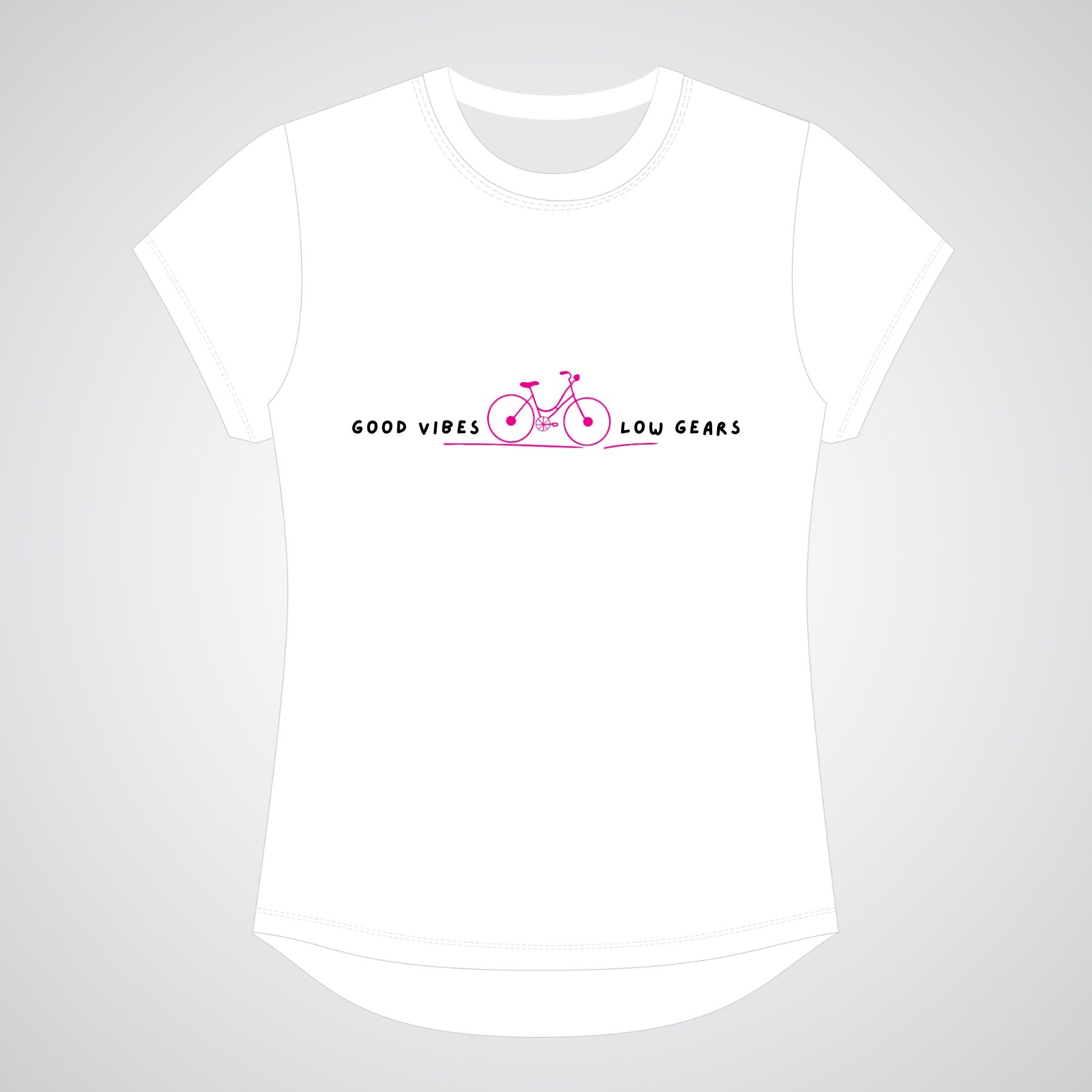 White t-shirt with bicycle graphic and text on a gray background