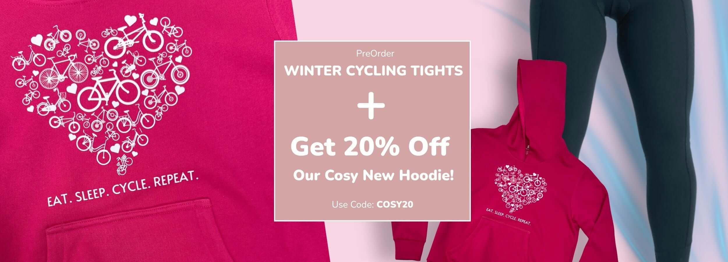 Pink hoodie with bicycle heart design and promotional text overlay on a white background