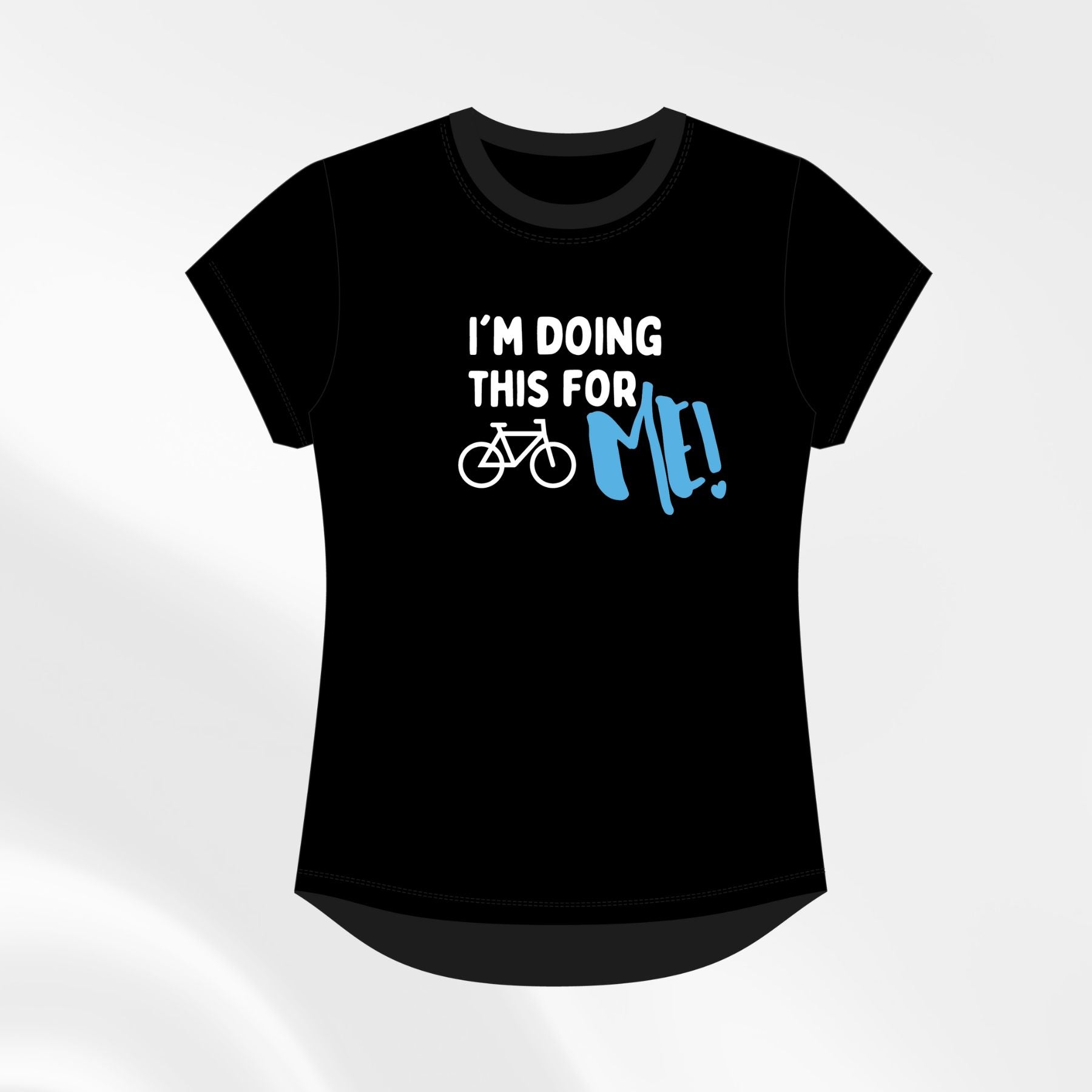 Black slogan tee with white text and blue “ME!” accent, front view
