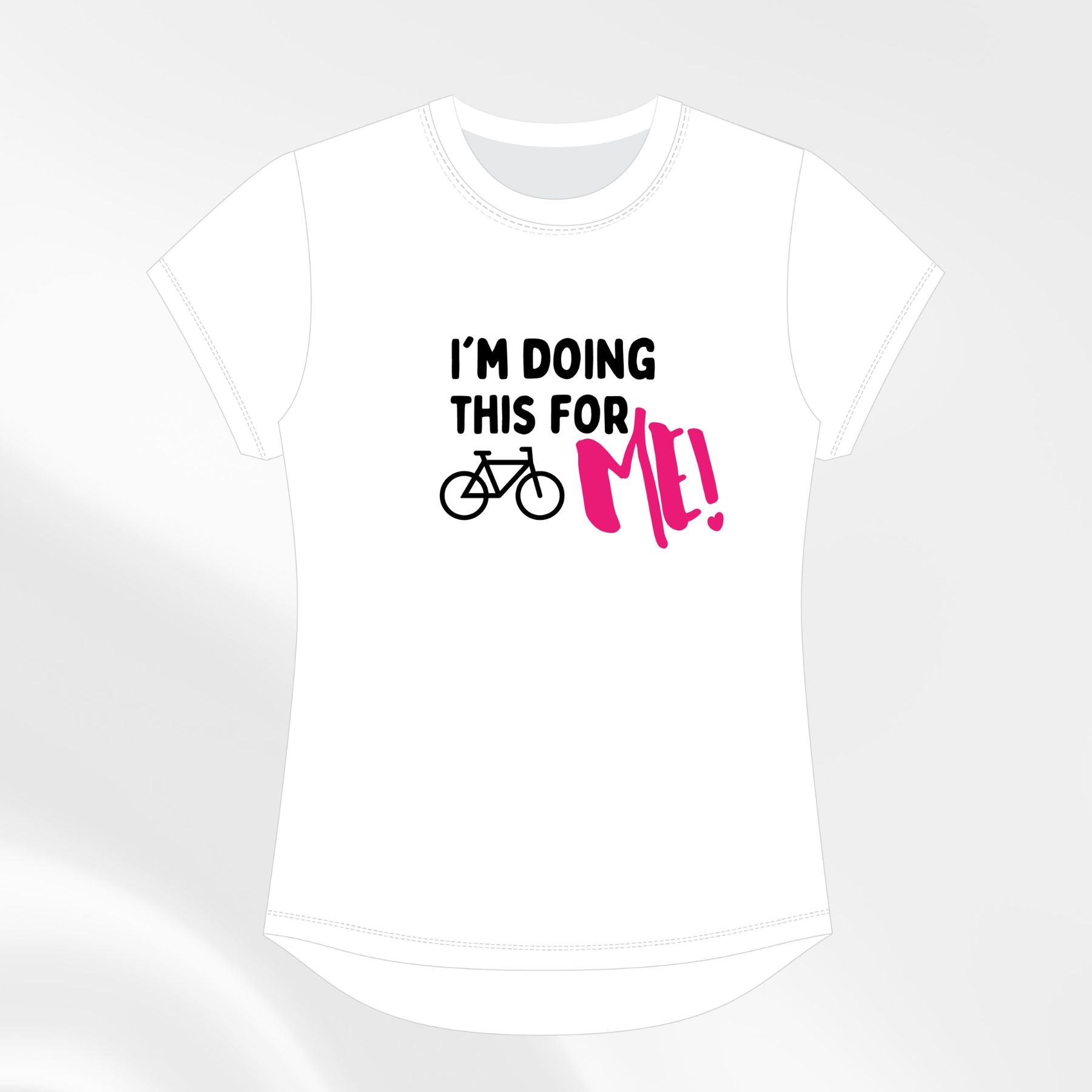 White slogan tee with black text and pink “ME!” accent, front view