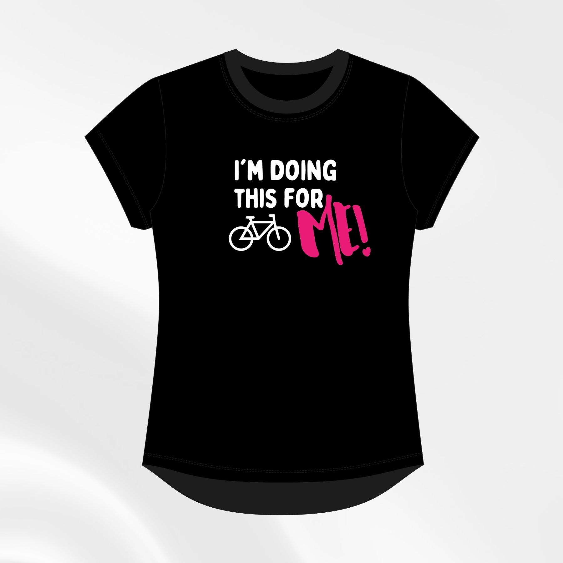 Black slogan tee with white text and pink “ME!” accent, front view