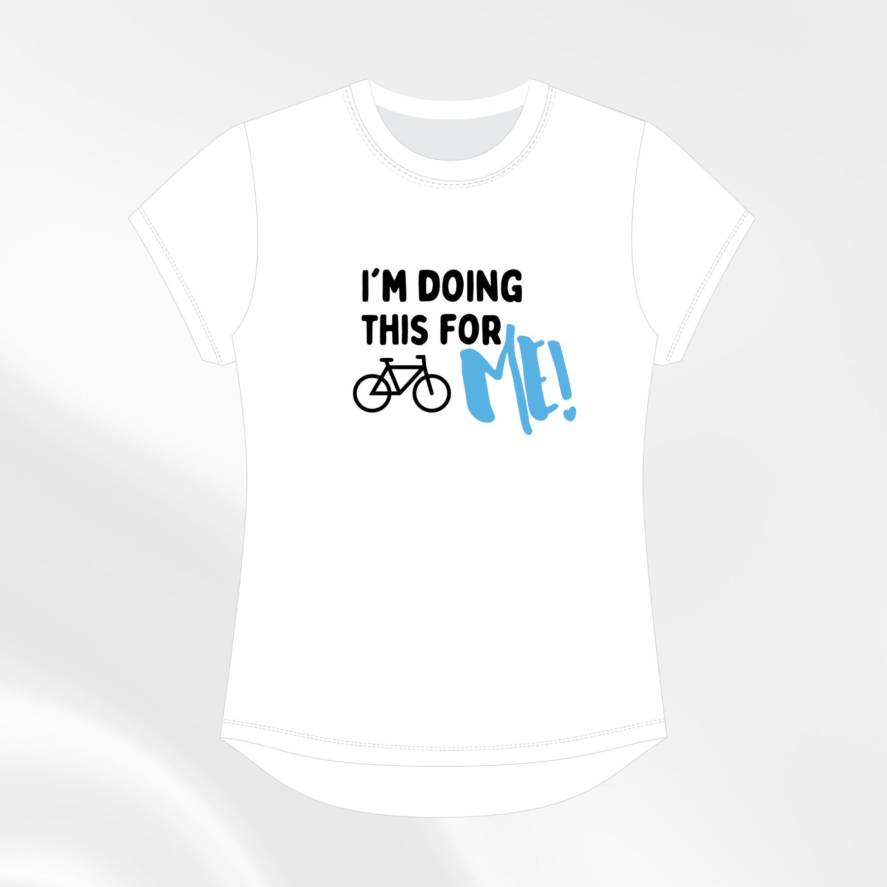 White slogan tee with black text and blue “ME!” accent, front view