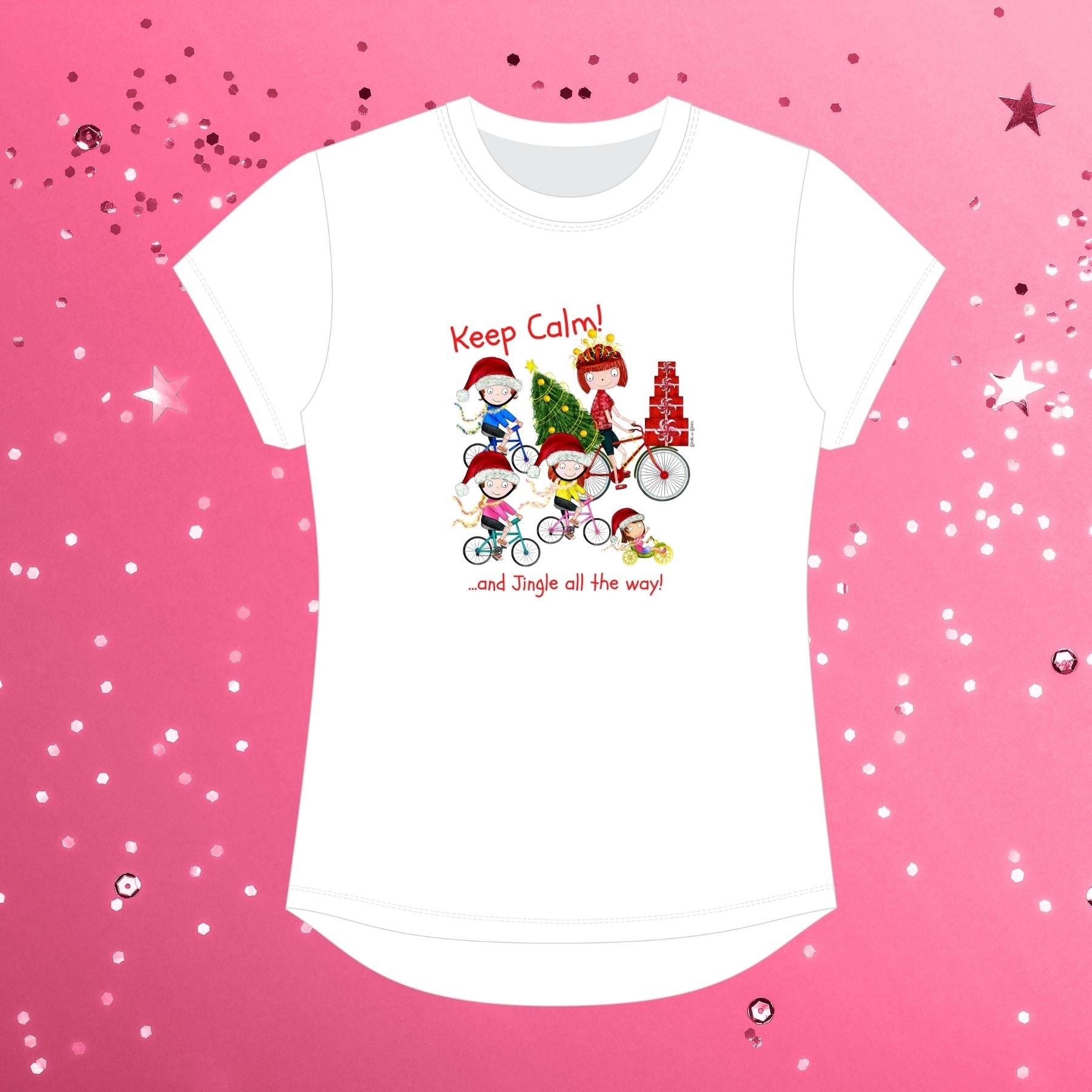 White “Keep Calm and Jingle All the Way” tee, festive cyclists graphic
