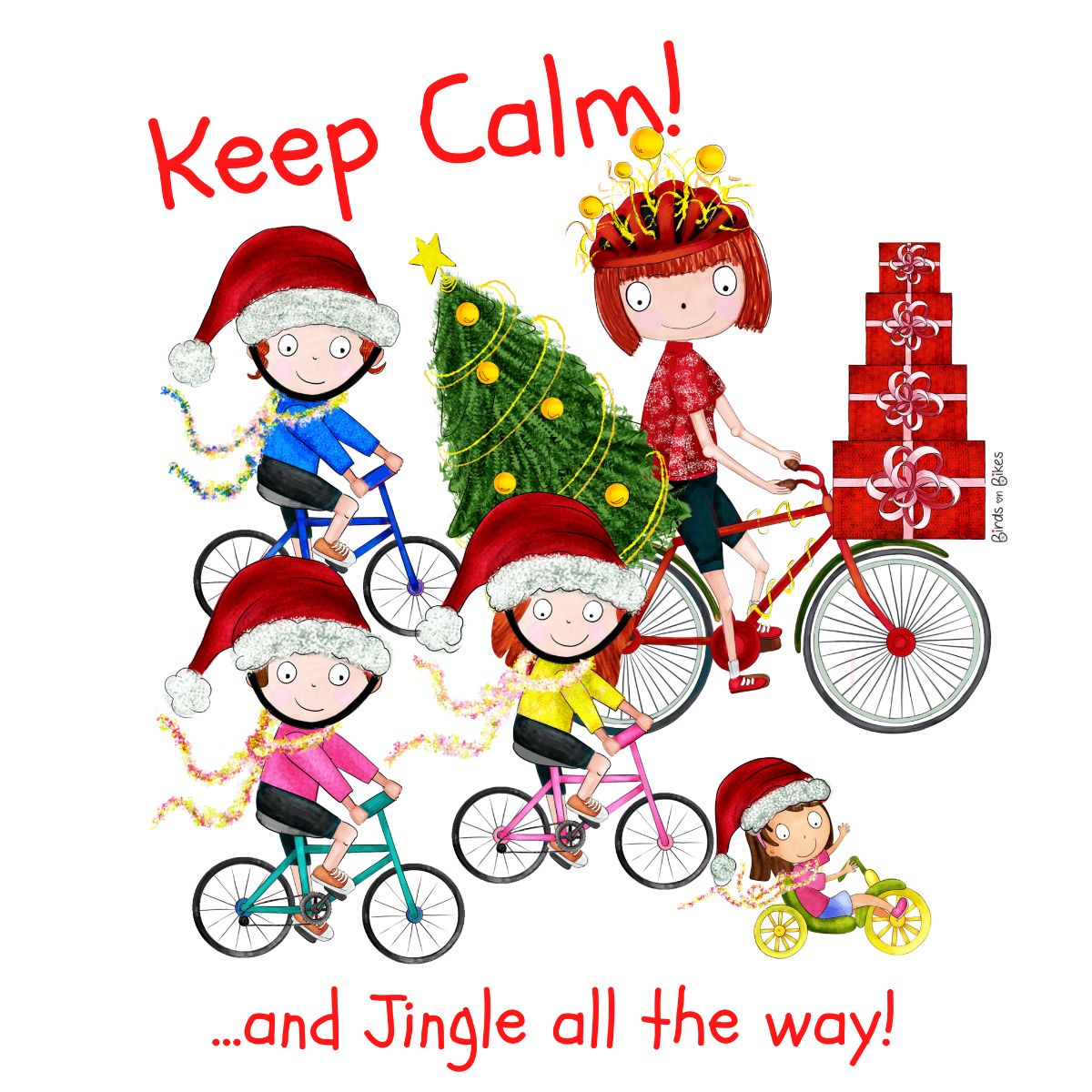 Close-up cyclists in Santa hats and holiday decor on cotton print
