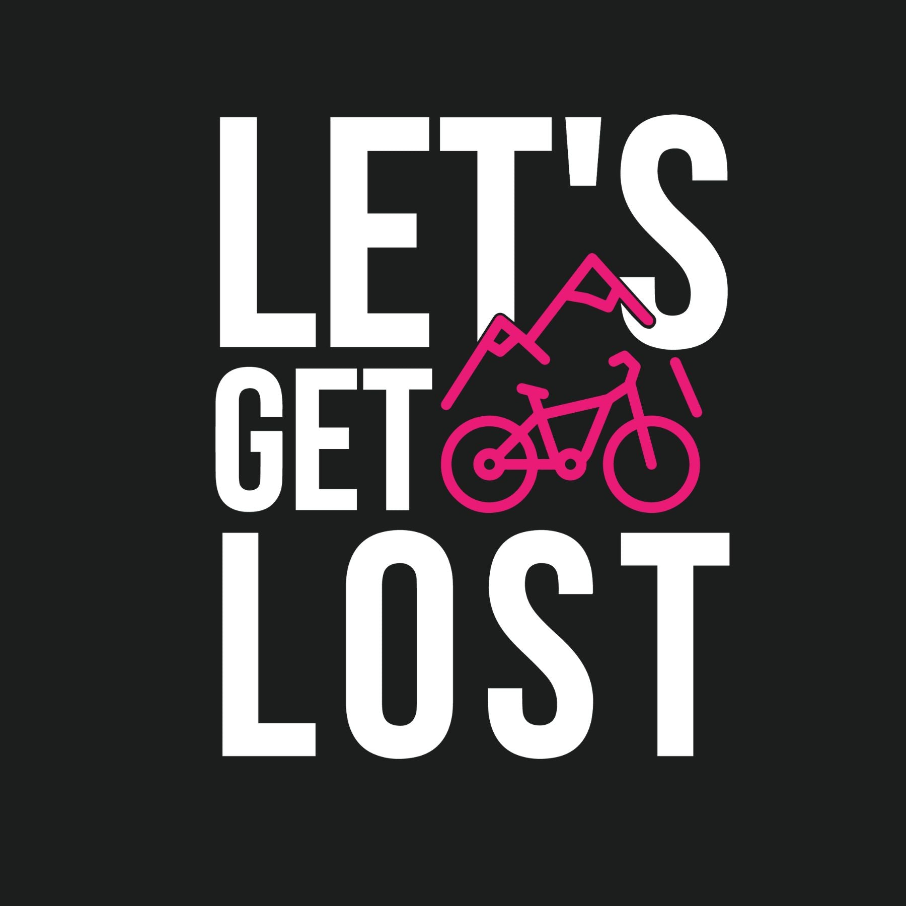Close-up white lettering and pink bike-mountain print on cotton