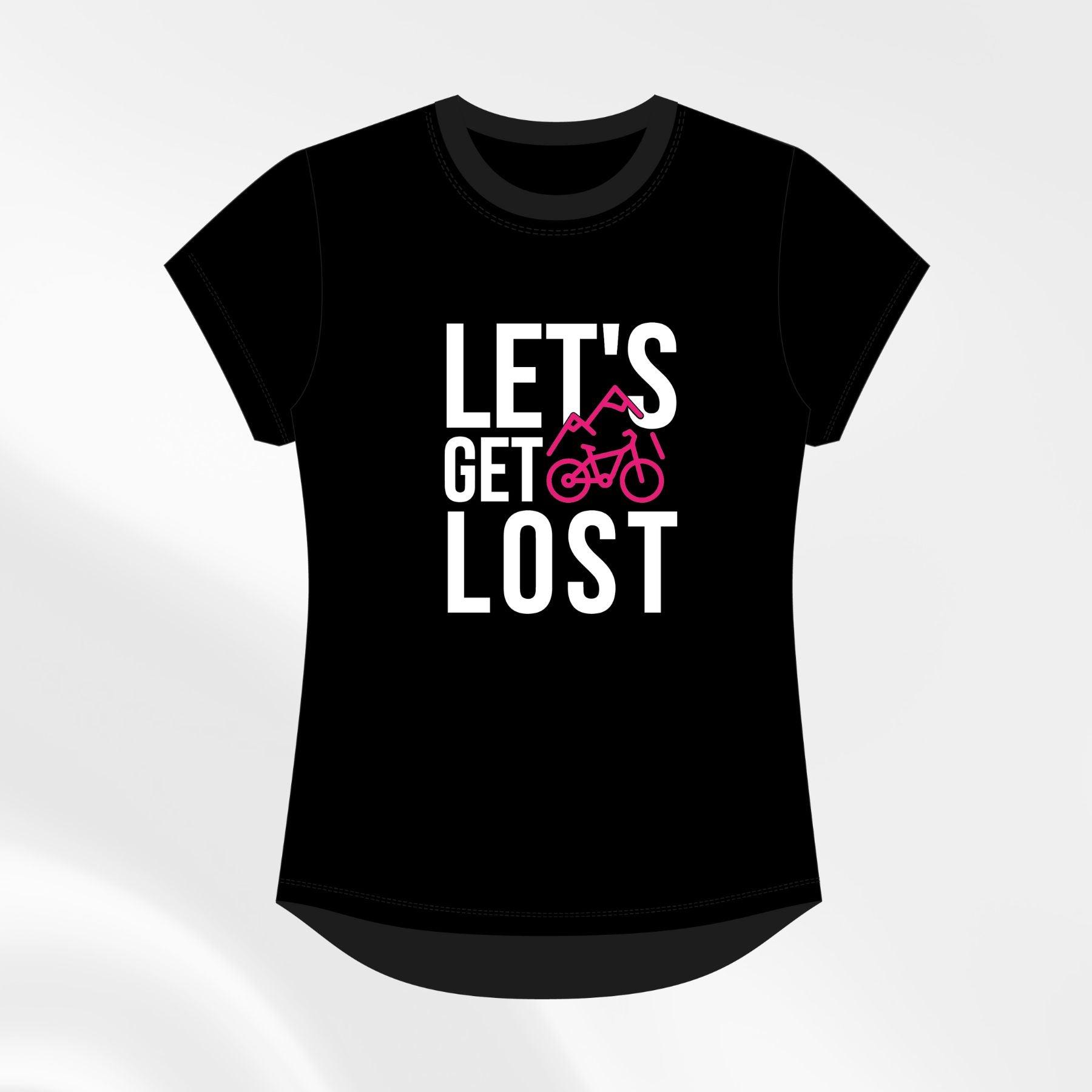 Black “Let’s Get Lost” tee, front view with pink adventure graphic