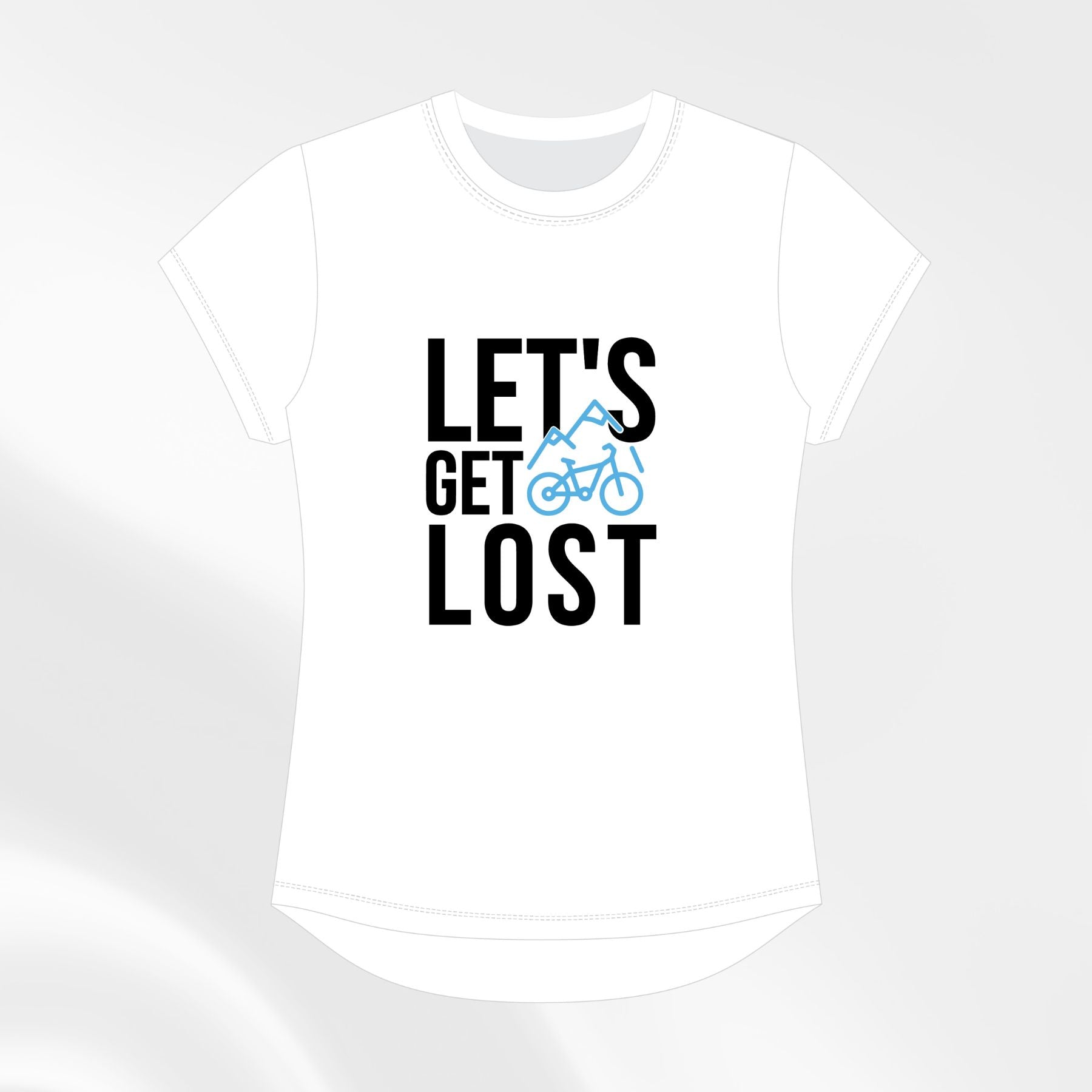 White “Let’s Get Lost” tee, front view with blue bike-mountain graphic