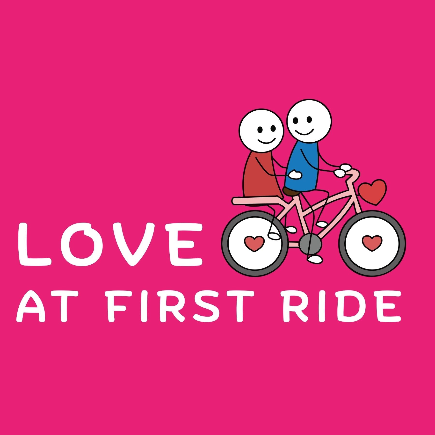 Cartoon couple on a bike with 'Love at First Ride' text on a pink background