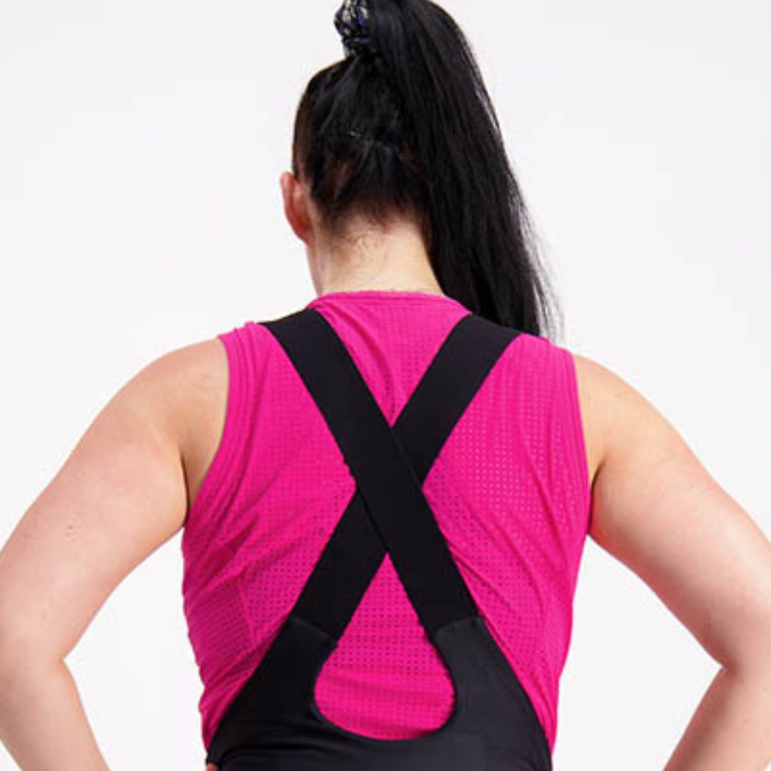 Back view of women’s bib tights with wide, lay-flat straps