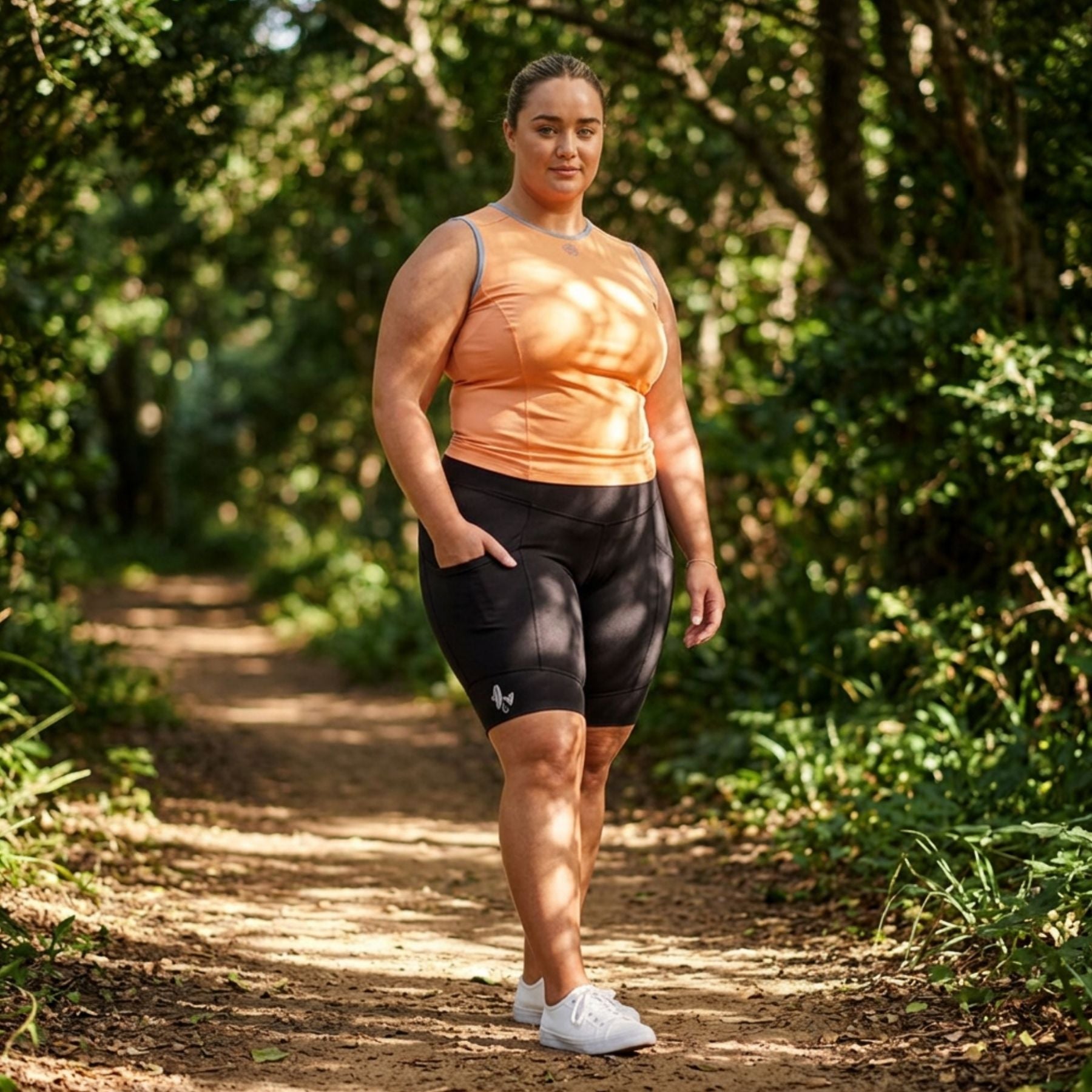 A woman stands on a sunlit dirt path surrounded by green trees and bushes, wearing an orange sleeveless athletic top, black fitted shorts with a small white logo near the hem, and white sneakers.