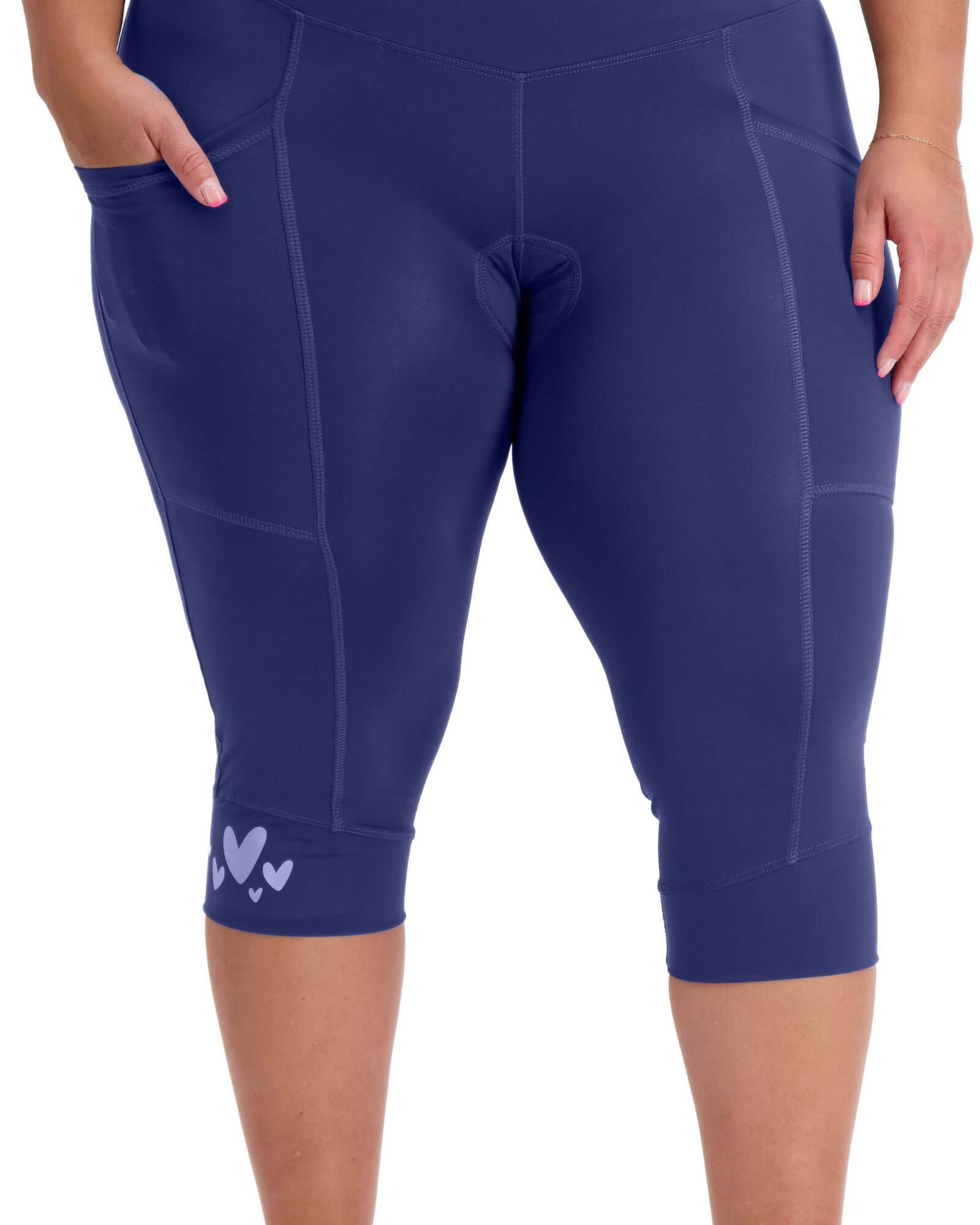 Blue athletic cycling shorts with a small logo on a white background