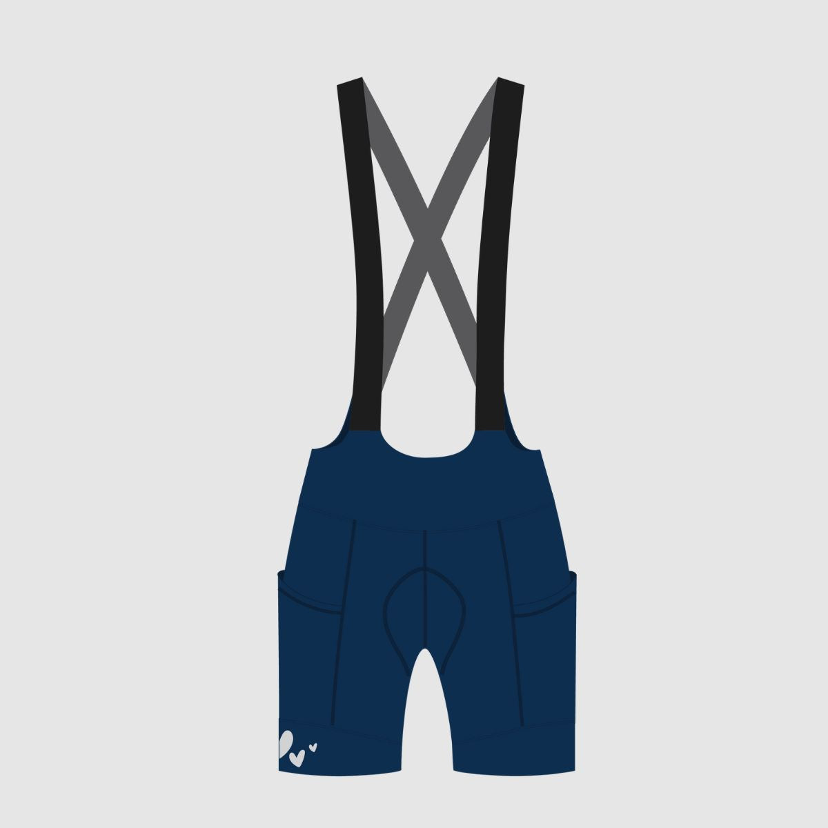 Tech drawing of women's bib shorts with pockets in a blue colour back side
