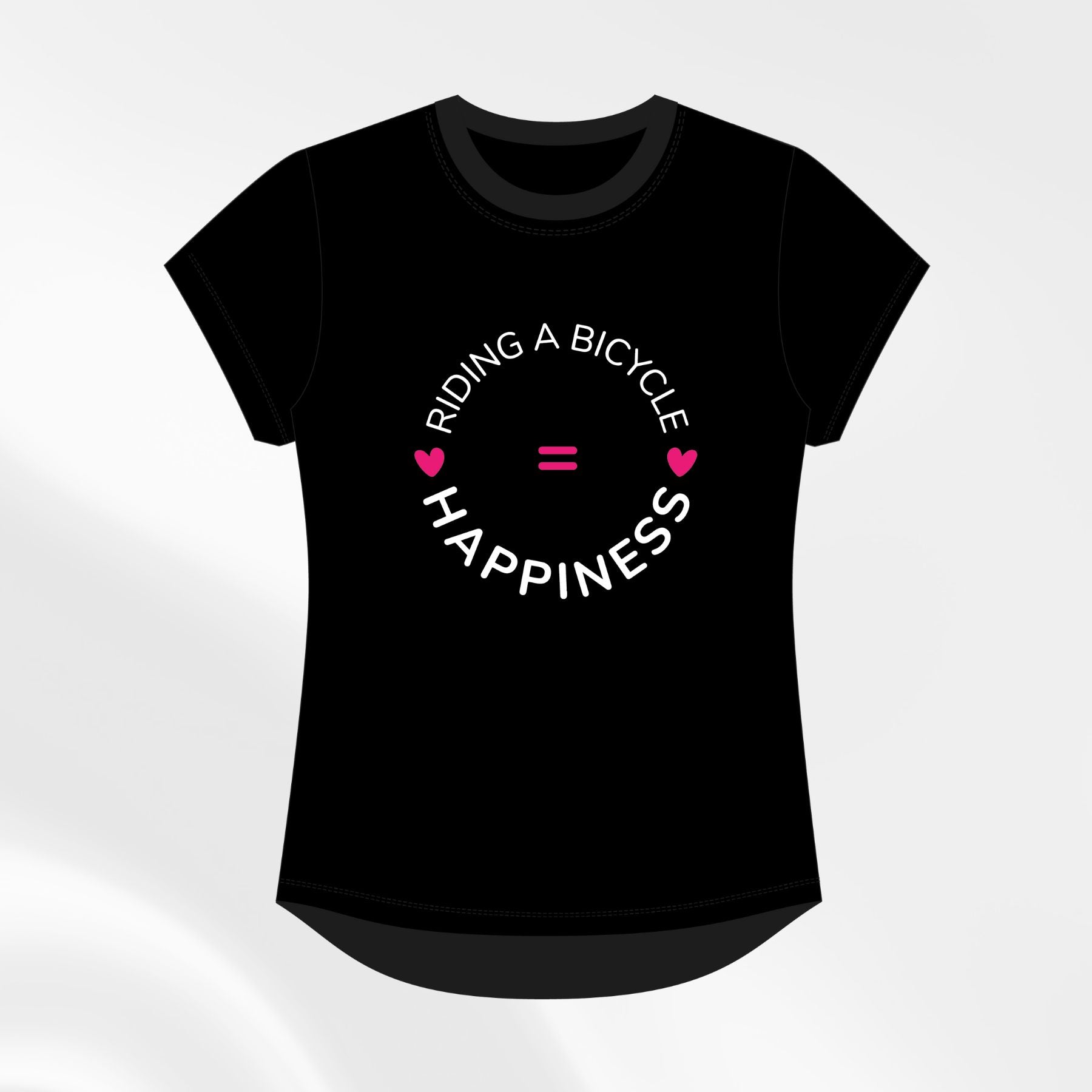 Black “Riding a Bicycle = Happiness” tee, front view with pink hearts