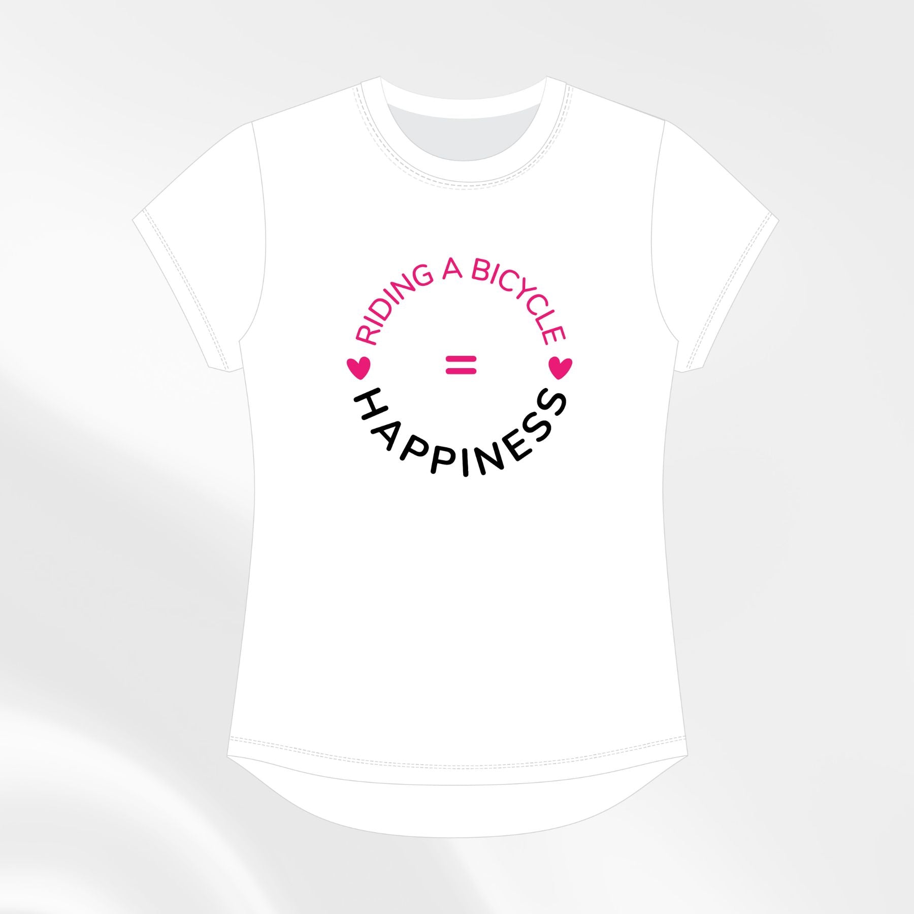White “Riding a Bicycle = Happiness” tee, front view pink and black print