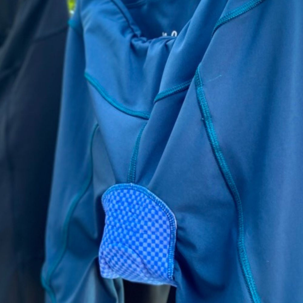 Close-up of elastic interface chamoi in padded bike pants on a clothes line