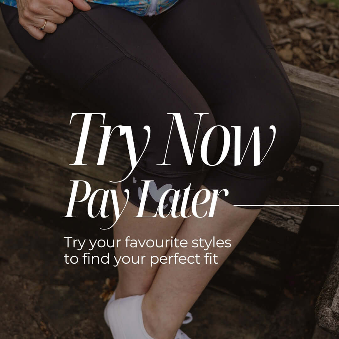 ret now pay later wording with black womens cycling pants in the backround