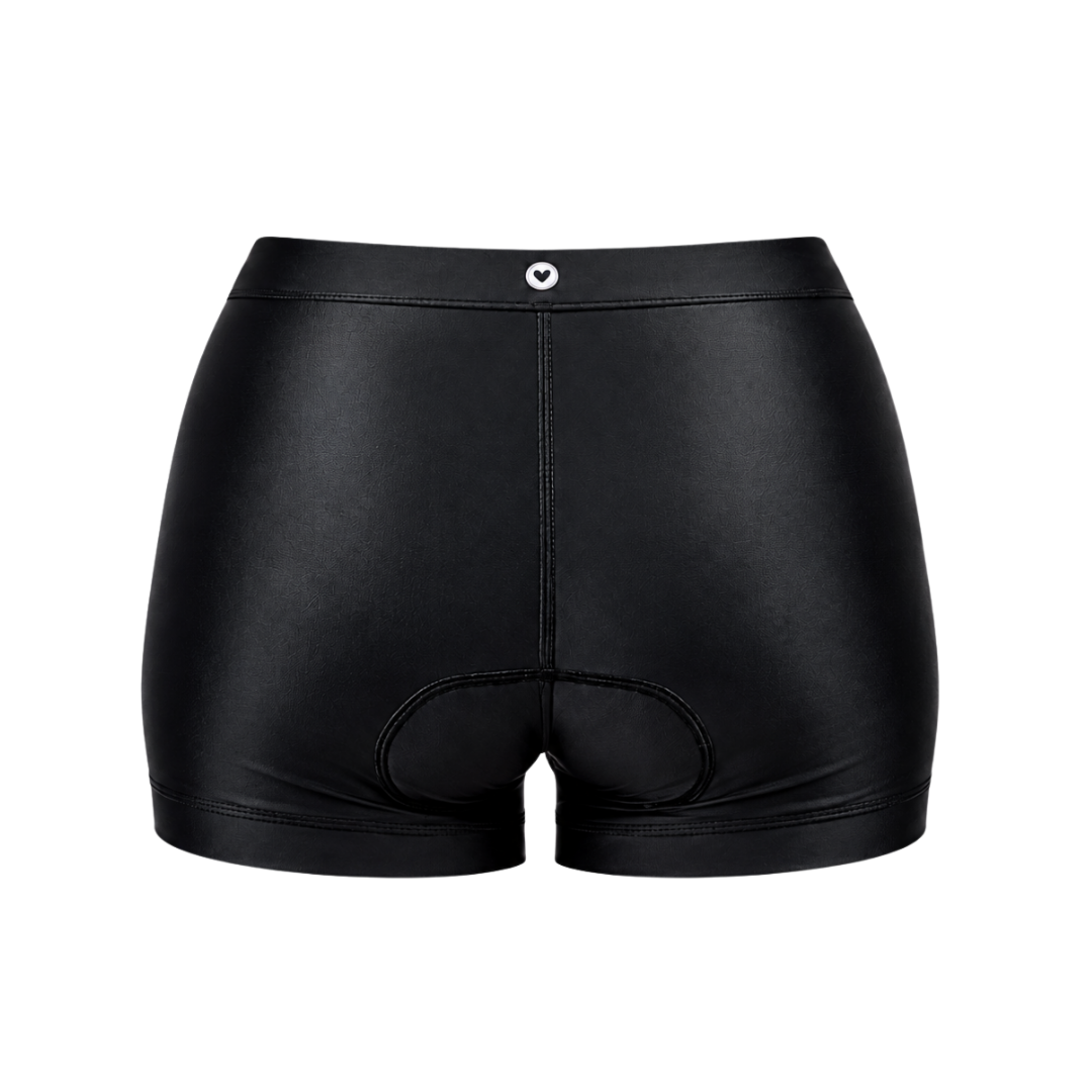 Black high-waisted cycling shorts with a padded rear cushion and a small white heart logo on the front waistband, shown against a plain white background.