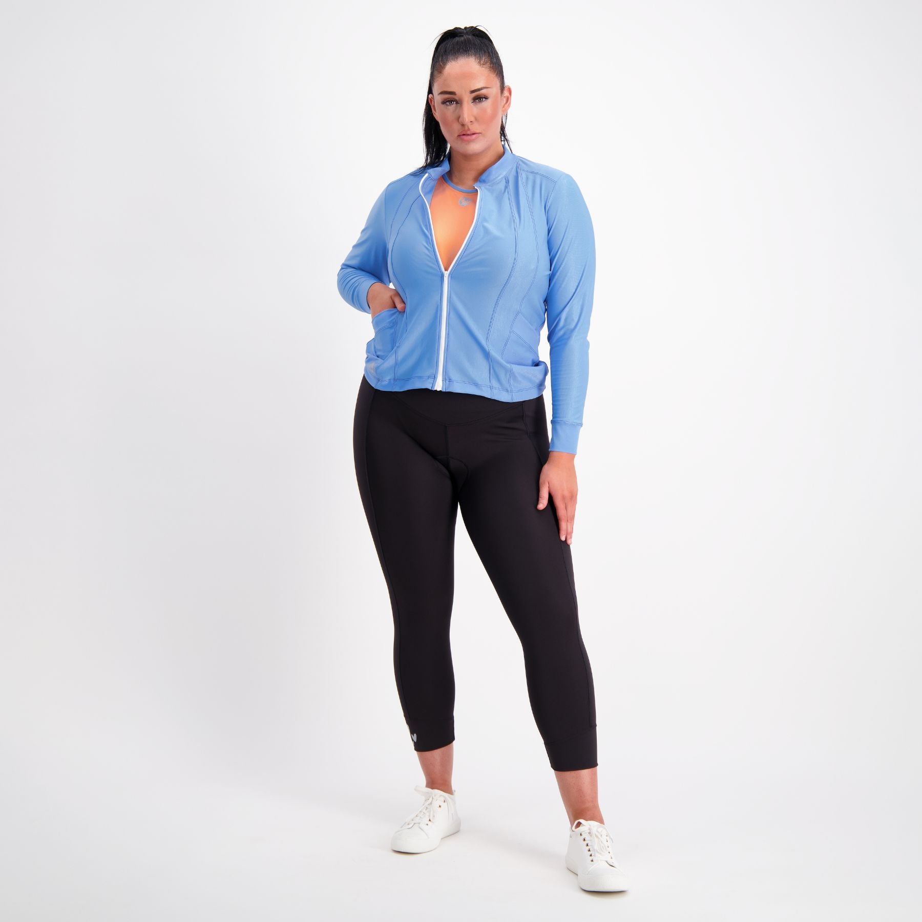 Front full bodied view of long sleeve womens cycling jersey in azure blue 