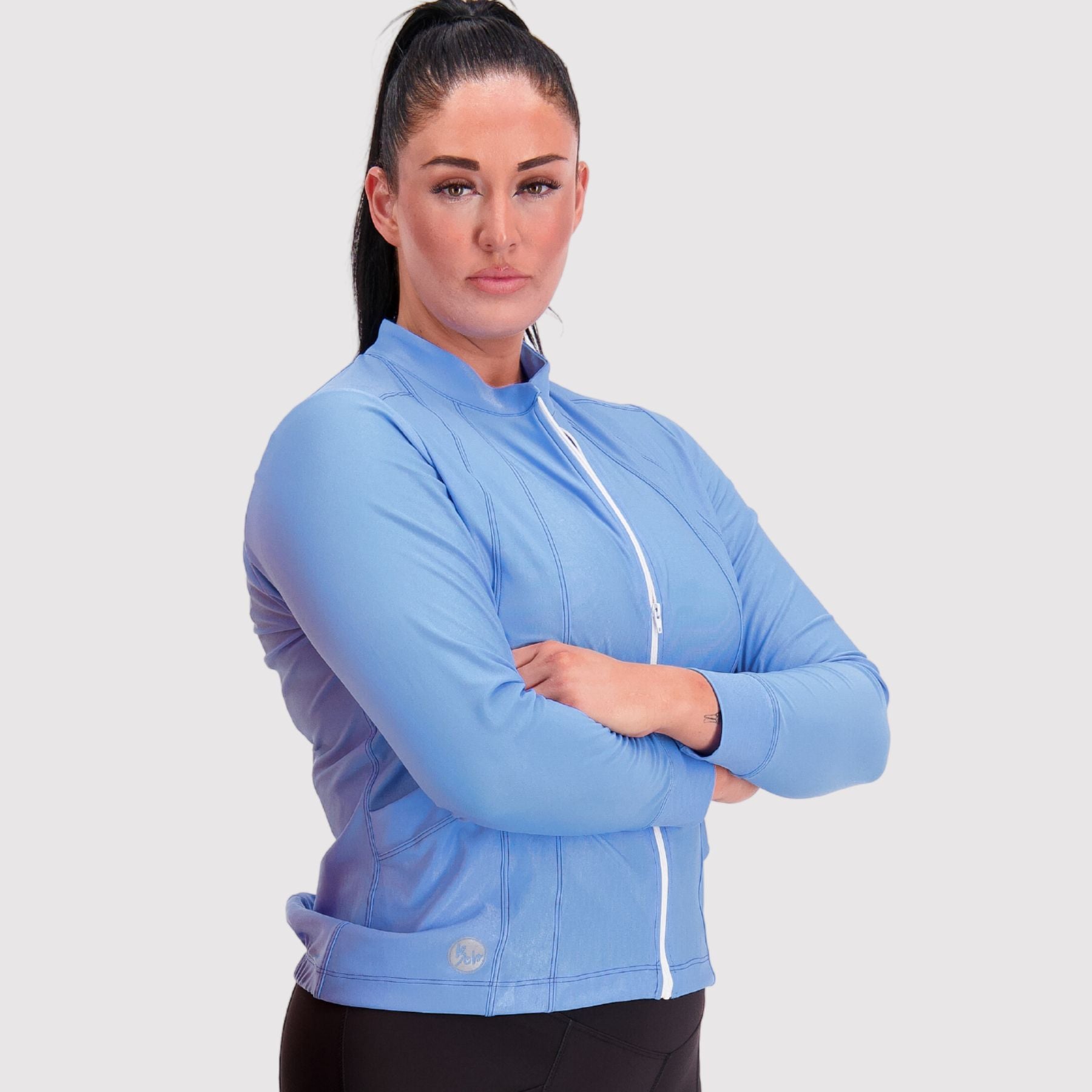 side view of long sleeve womens cycling jersey in azure blue 