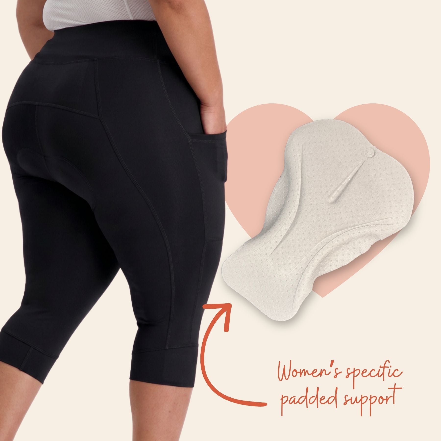 A person wearing black capri leggings with a side pocket, shown from the back, alongside an inset of a white padded support insert and the text 'Women's specific padded support' on a light beige background.