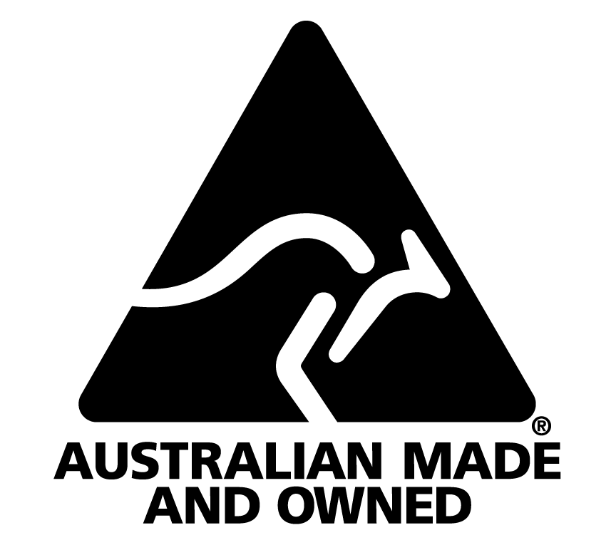 Black and white Australian Made and owned logo