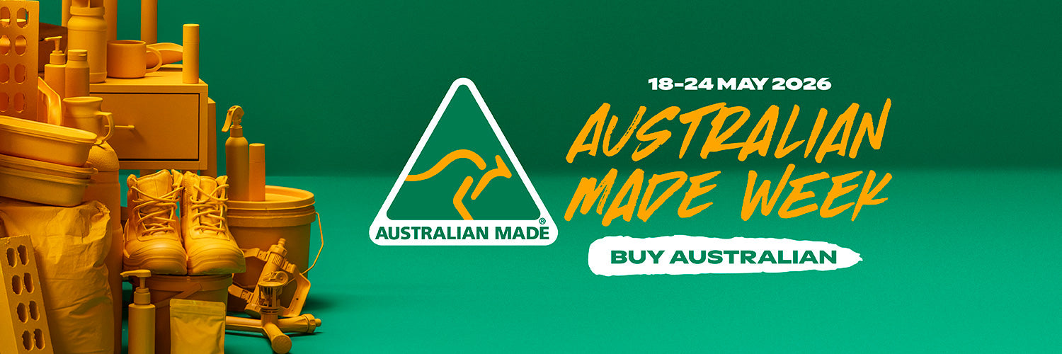 Promotional banner for Australian Made Week with yellow made-in-Australia products and green background.